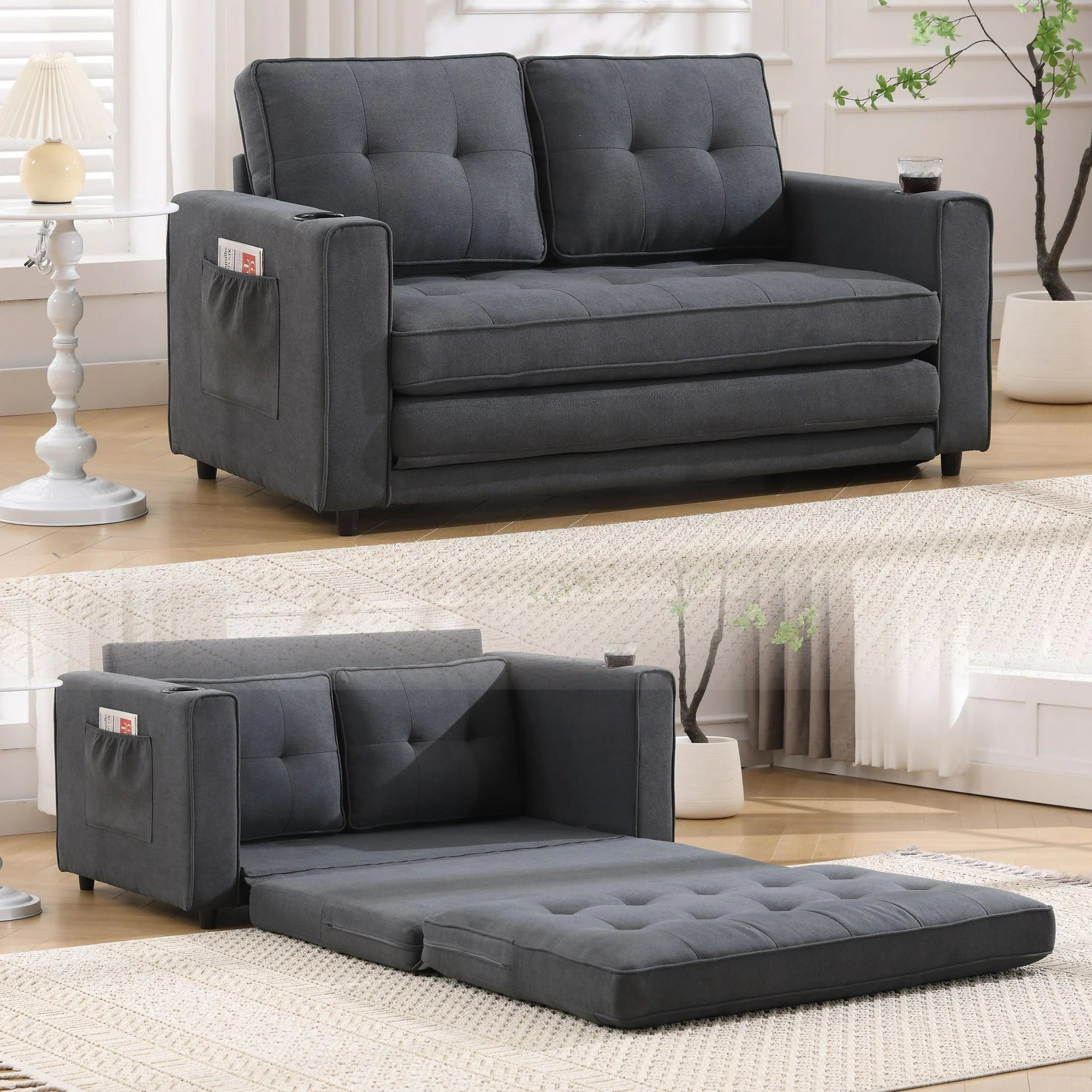 UHOMEPRO Convertible Futon Sofa Bed, Pull Out Loveseat Sleeper Sofa with Side Pockets and Cup Holders, Comfy 3-in-1 Foldable Sofa Couch, Upholstered Floor Couch for Living Room Apartment, Beige