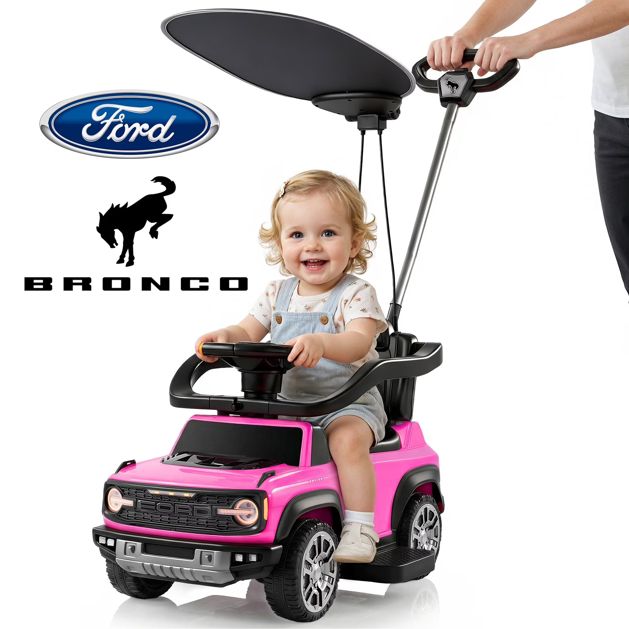 3 in 1 Push Car for Toddlers 1–3, Ford Bronco Ride On Car Toy with Adjustable Parent Steering Handle, Removable Guardrail & Footrest, Canopy, Music, Horn, LED, Under Seat Storage, Silent Wheels