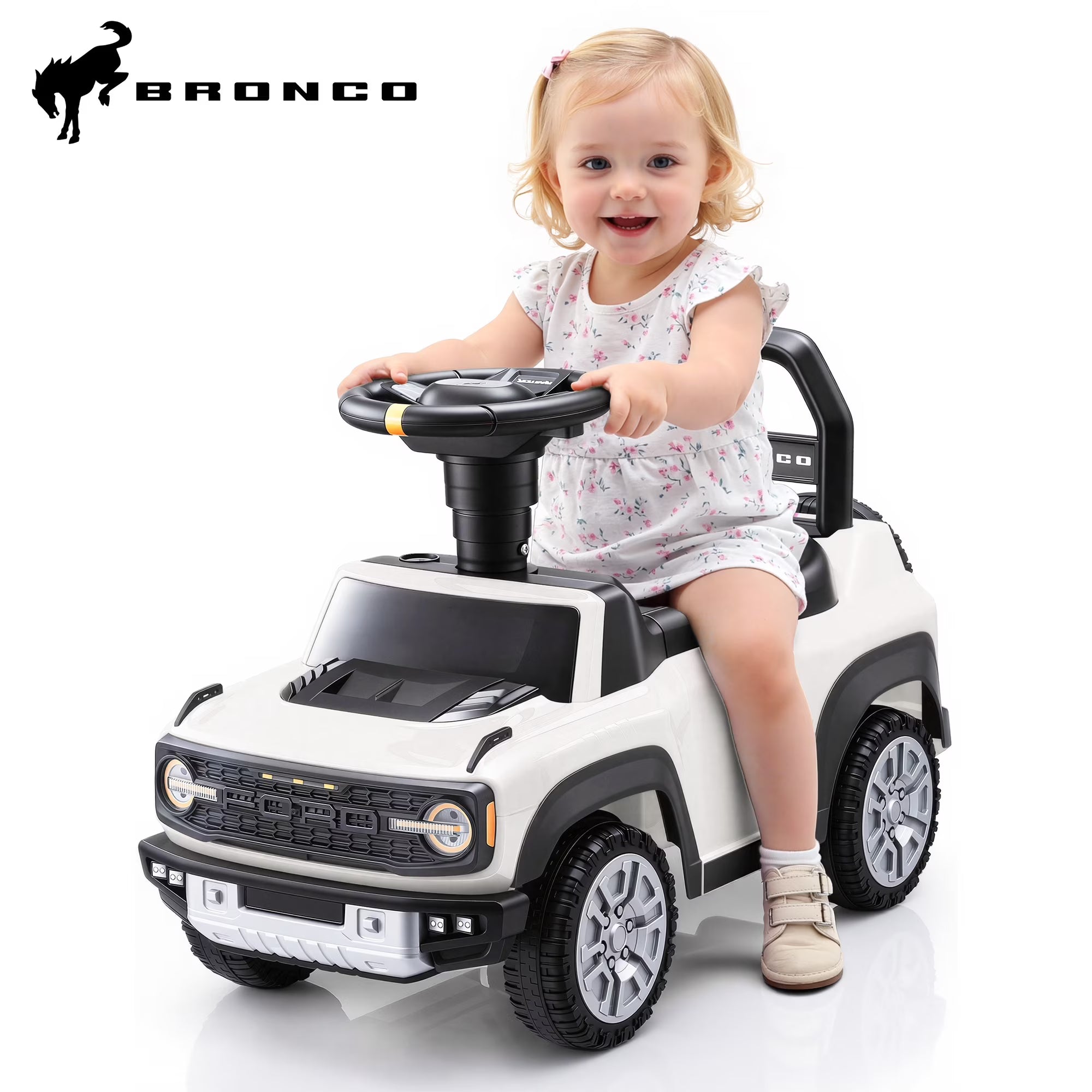 Push Car for Toddlers 1–3, Ford Bronco Ride On Toy with Steering Wheel, Music, Horn & Engine Sounds, LED Lights, Under Seat Storage, Silent Wheels, Easy Push Ride On Car for Boys & Girls, Black