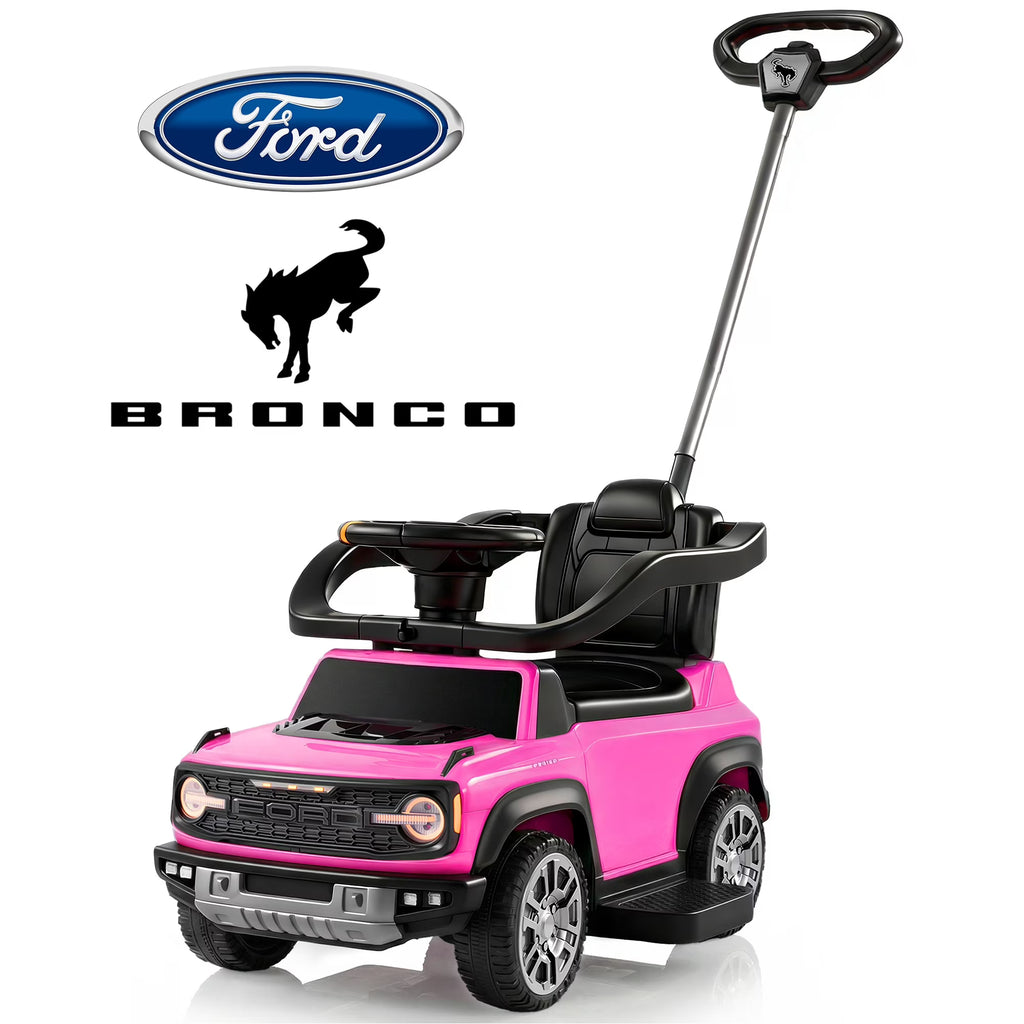 Ford Bronco 3 in 1 Push Car for Toddlers 1–3, Ride On Push Car with Parent Steering Handle, Steering Wheel, Removable Guardrail & Footrest, Music, Horn, Under Seat Storage, Silent Wheels, Pink
