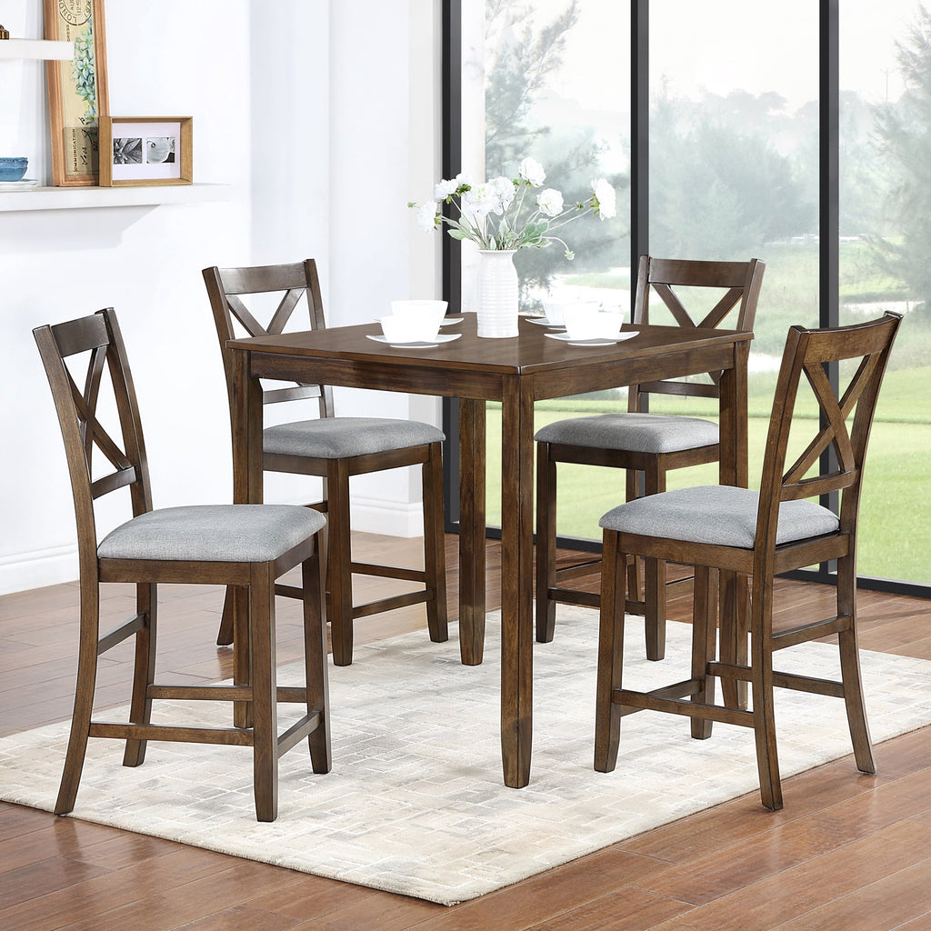 UHOMEPRO Dining Table Set for 4, Modern Counter Height Kitchen Table with 4 Upholstered Chairs, 5 Piece Solid Wood Dining Room Set, Farmhouse Kitchen Dining Table set of 4 for Home, Walnut Style A