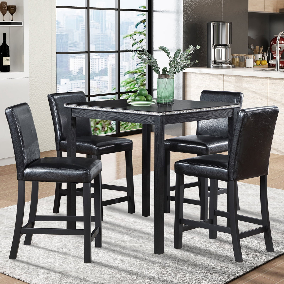 UHOMEPRO Dining Table Set for 4, Counter Height Dining Table and Chair Set, Square Wooden Table with 4 Upholstered Chairs and Crystal Decoration, Kitchen and Dining Room, Gray