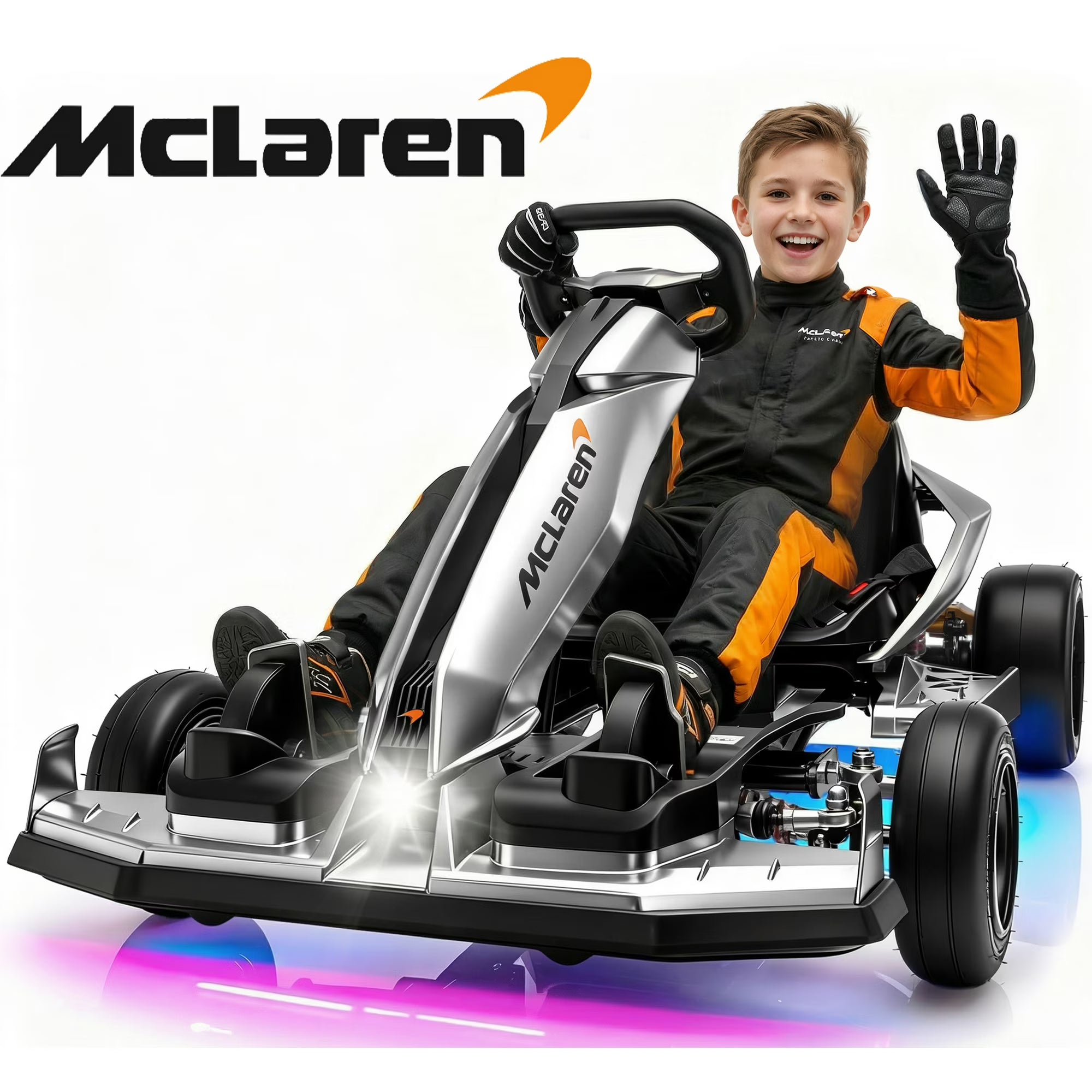 McLaren 48V Electric Go Kart for Adults & Teens, 750W Powered Motor Ride On Toy, LED Light, Hydraulic Disc Brake, 4 Wheel Spring Suspension, 3 Levels Adjustable Chassis, Foldable Design, Silver