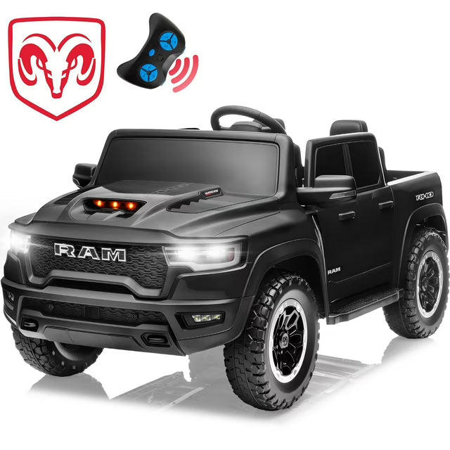 RAM 1500 24V Powered Ride on Cars for Kids, Extra large Real 2 Seat Ride on Toys with Remote Control, LED Light, MP3 Player, Electric Vehicles Ride on Truck for Boys Girls Gifts, Black