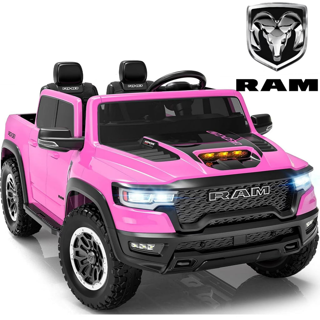 RAM 24V Ride on Cars for Tow Kids, RAM 1500 RHO 2 Seat Battery Powered Ride on Toys with Remote Control, 4 Wheels Suspension Trunk, LED Light, MP3 Player, Electric Car for Kids Boy Girl Gift, Red