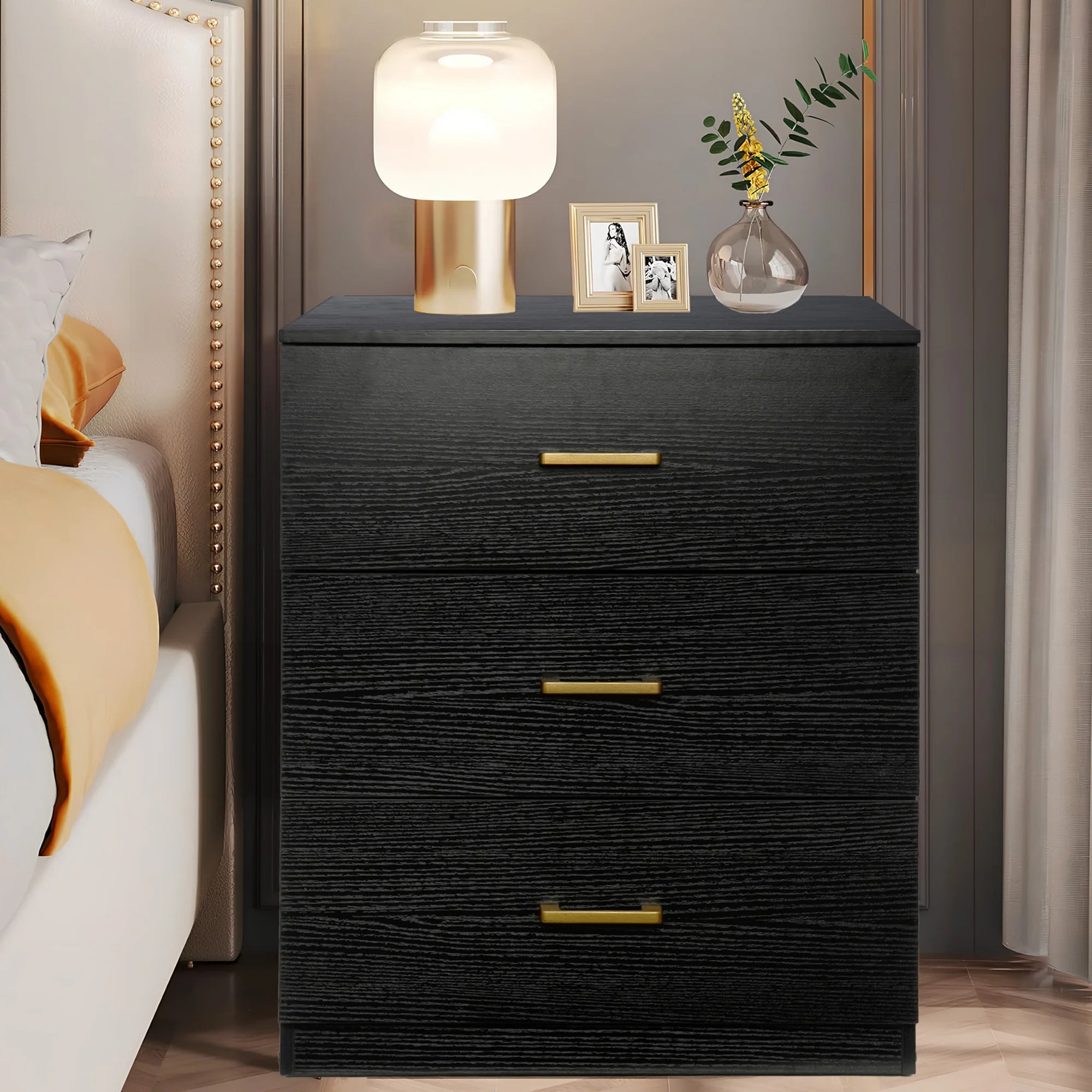 UHOMEPRO New Upgrade Nightstand, Modern White Nightstand with 3 Drawers, Wood Bedside Table Night Stand for Bedroom