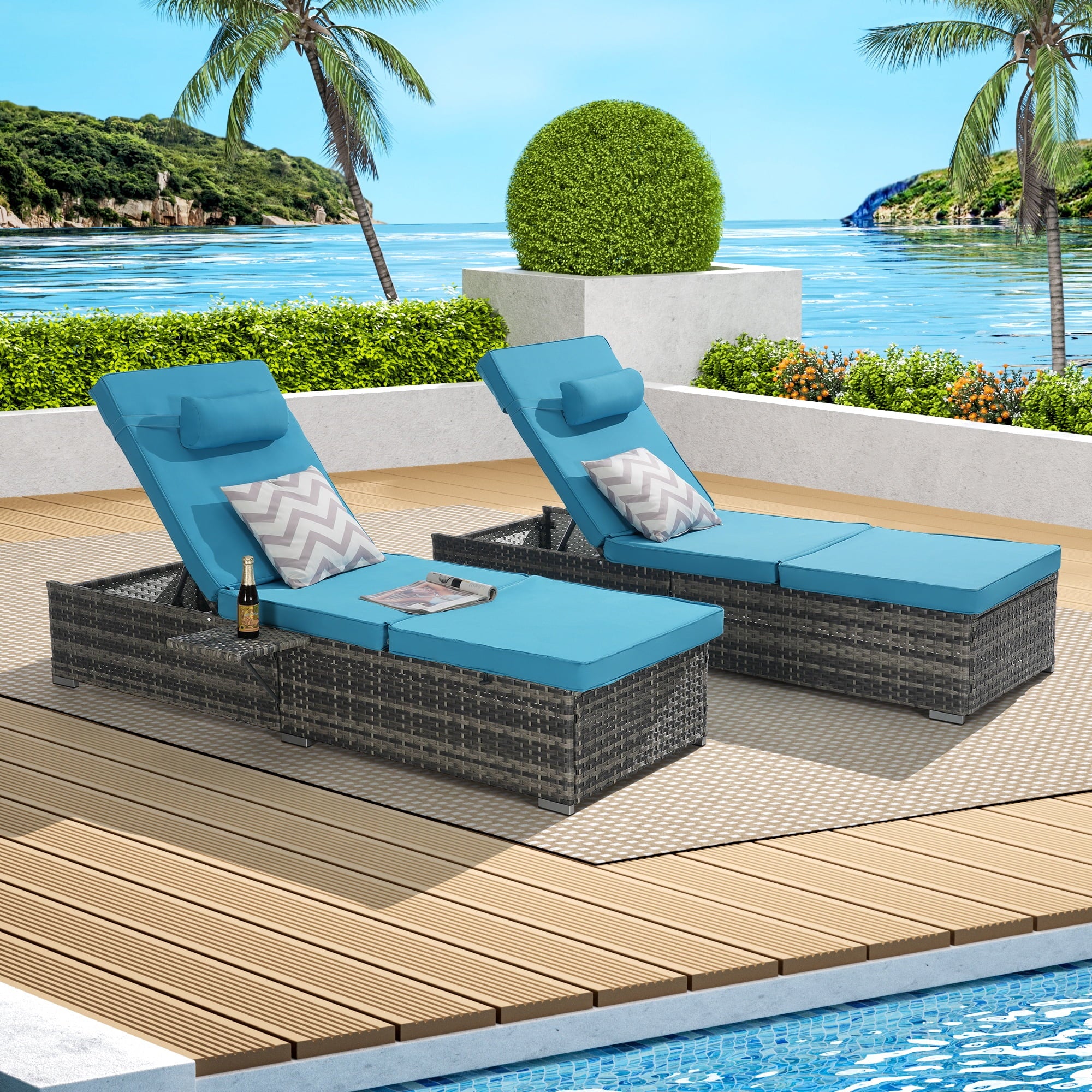 UHOMEPRO 2pcs Chaise Lounge Chair, Modern Rattan Wicker Outdoor Chaise Lounge Set for Patio Poolside Garden, All-Weather Recliner for Beach w/Cushion, Pillow, Back Adjustable, Steel Frame, Red