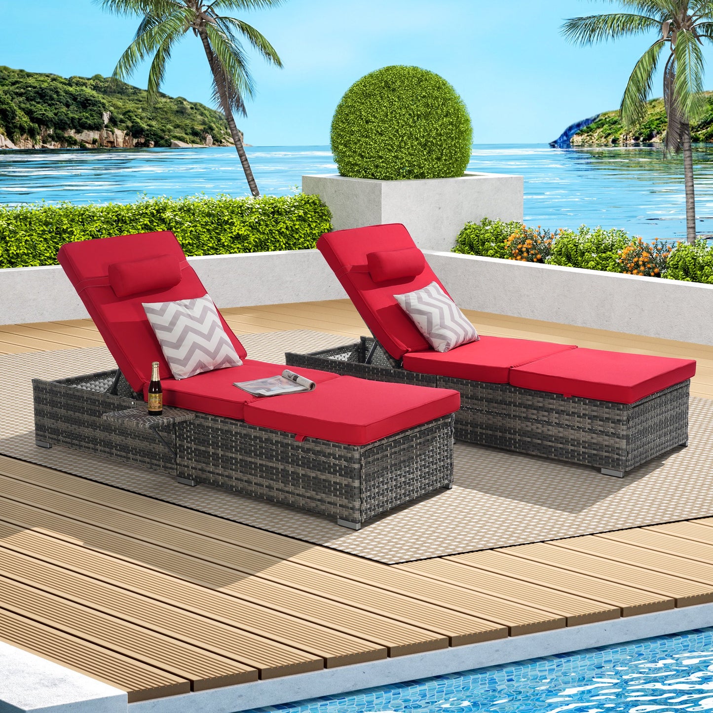UHOMEPRO 2pcs Chaise Lounge Chair, Modern Rattan Wicker Outdoor Chaise Lounge Set for Patio Poolside Garden, All-Weather Recliner for Beach w/Cushion, Pillow, Back Adjustable, Steel Frame, Red