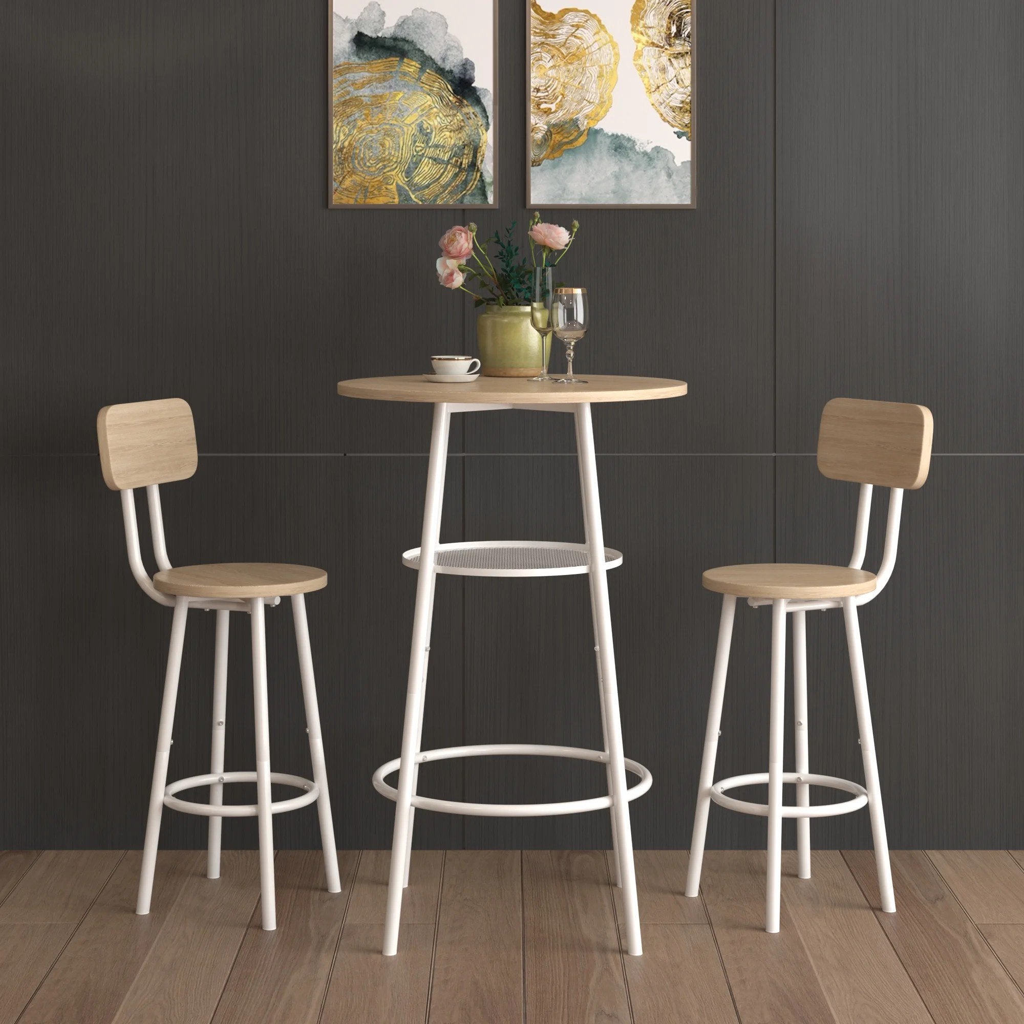 UHOMEPRO 3-Piece Dining Room Bar Table Set for 2, Double Layer Round Bar Table and Chairs Set Industrial Counter Height Pub Table with 2 Stools and Metal Frame, Beige