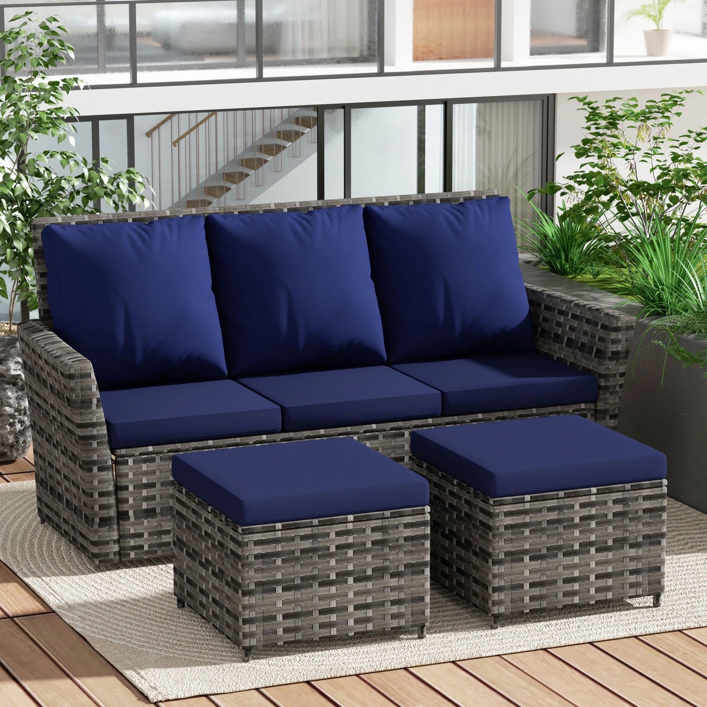 UHOMEPRO 3 Piece Rattan Patio Sofa Set, Outdoor Patio Conversation Set, All-Weather PE Rattan Wicker Furniture Set with 2 Ottomans, Cushioned Sofa Set for Patio Garden Poolside Deck, Beige