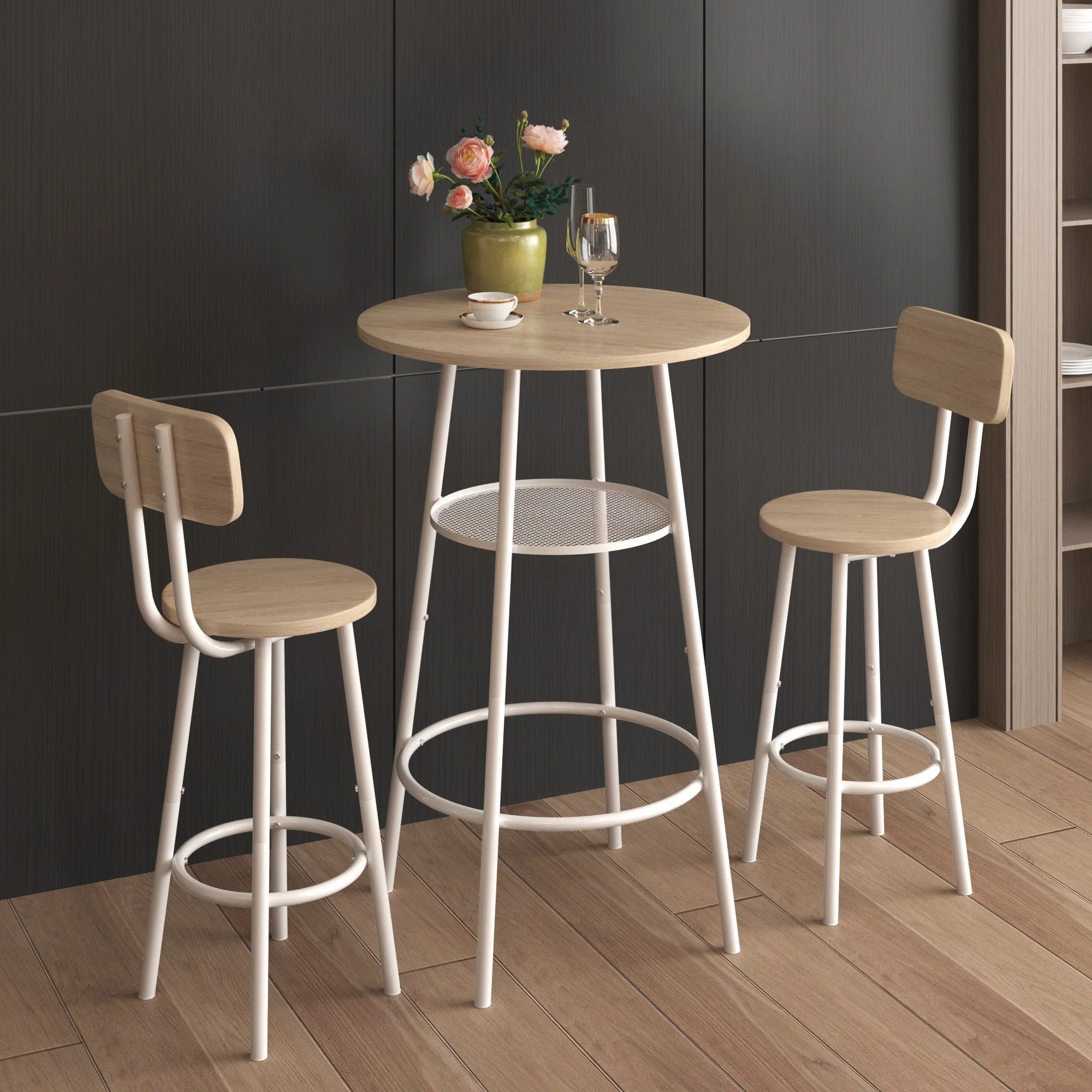 UHOMEPRO 3 Pieces Bar Table Set, Modern Bar Table Set with 2 Stools, Home Kitchen Breakfast Table and Chairs Set Ideal for Pub, Living Room, Breakfast Nook, Easy to Assemble, Beige