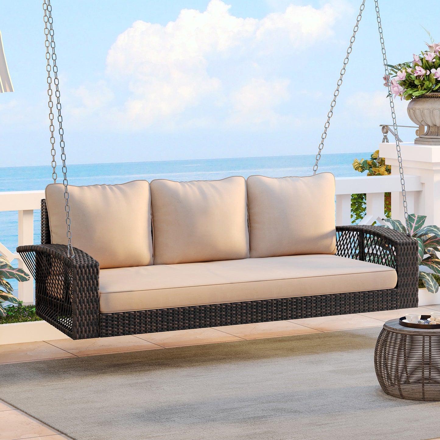 UHOMEPRO 3-Seats Wicker Hanging Porch Swing Chair, Rattan Patio Swing Lounge with Back Cushions and Metal Hanging Chains for Garden Balcony, All-Weather Waterproof Hanging Bench On Clearance, Brown