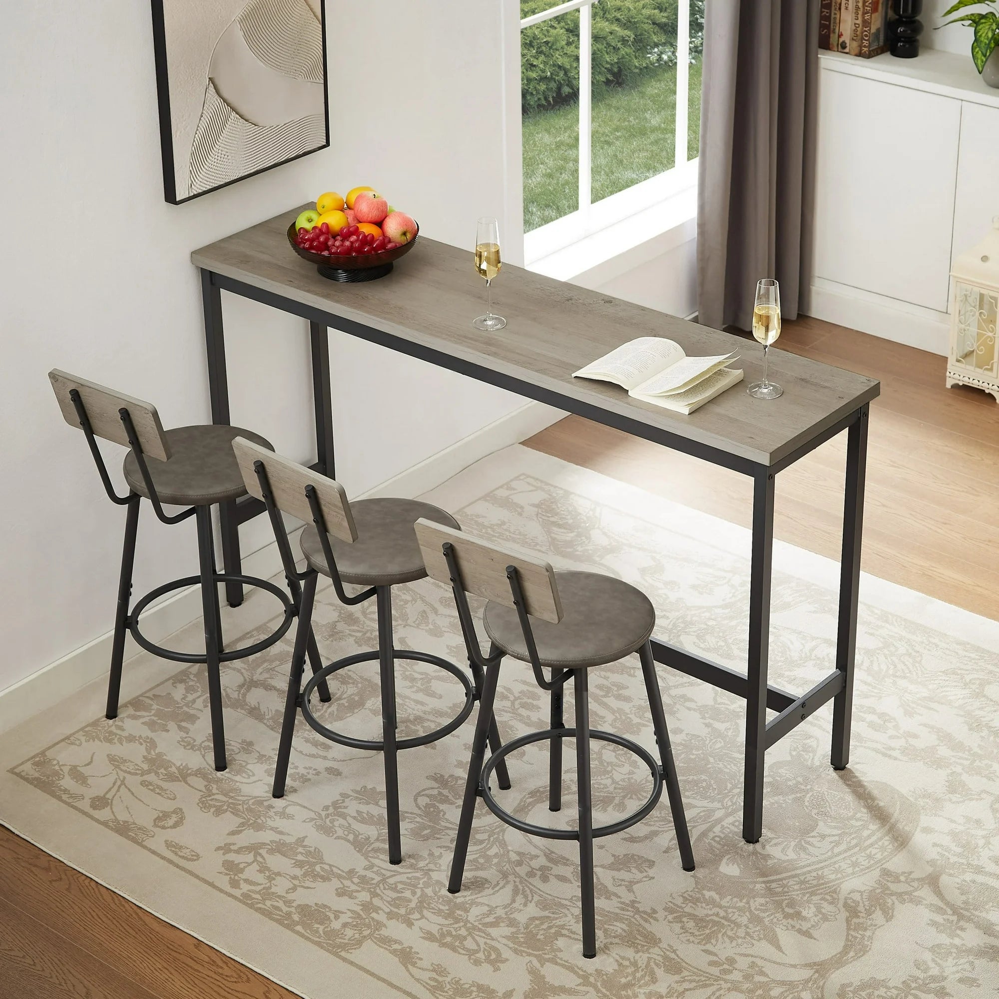 UHOMEPRO 4 Piece Bar Dining Table Set, Bar Table and Chairs Set for 3, Wood Counter Height Dining Table Set with 3 PU Stools, Modern Long Bar Table Set for Kitchen Breakfast Nook Living Room, Gray