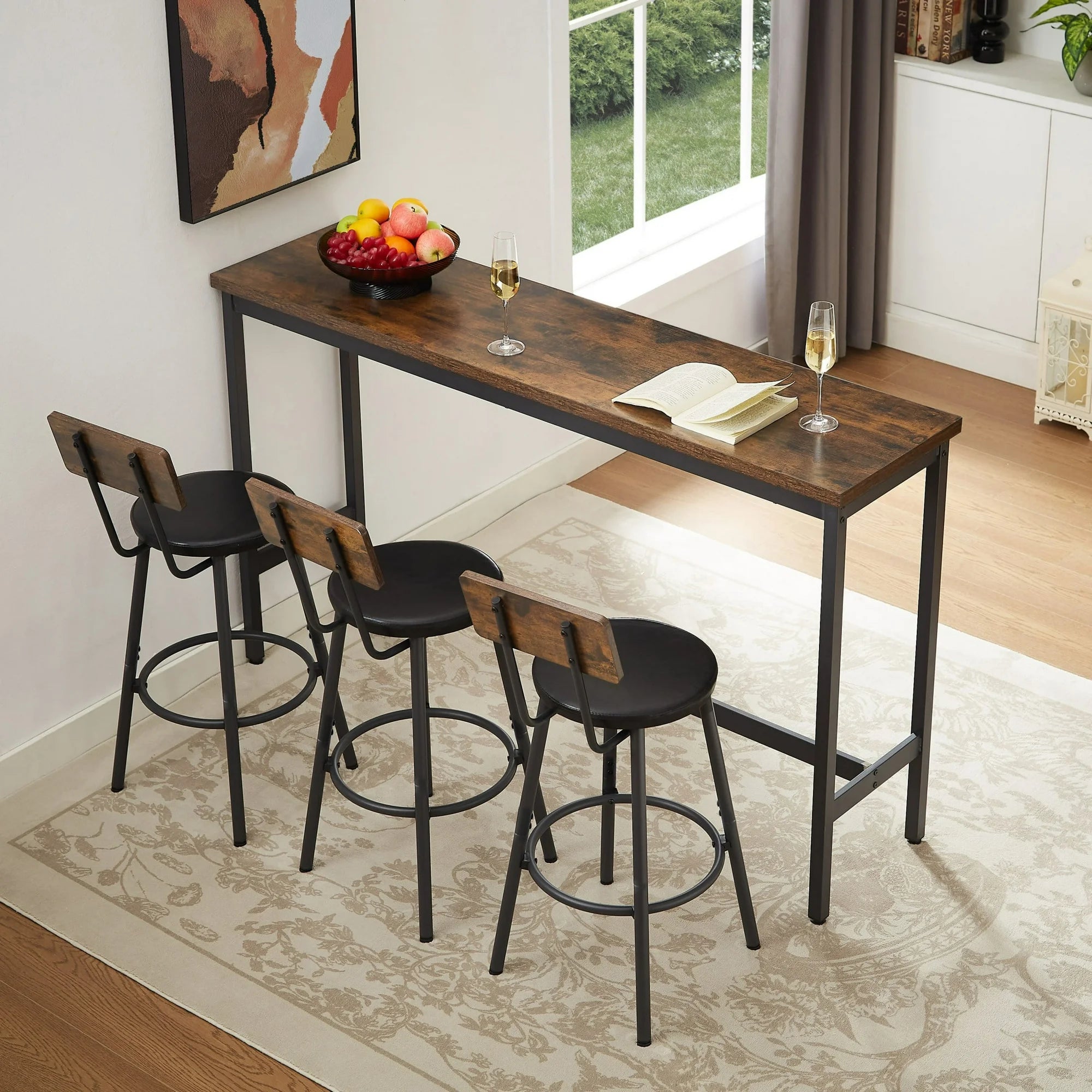 UHOMEPRO 4 Piece Bar Dining Table Set, Bar Table and Chairs Set for 3, Wood Counter Height Dining Table Set with 3 PU Stools, Modern Long Bar Table Set for Kitchen Breakfast Nook Living Room, Brown