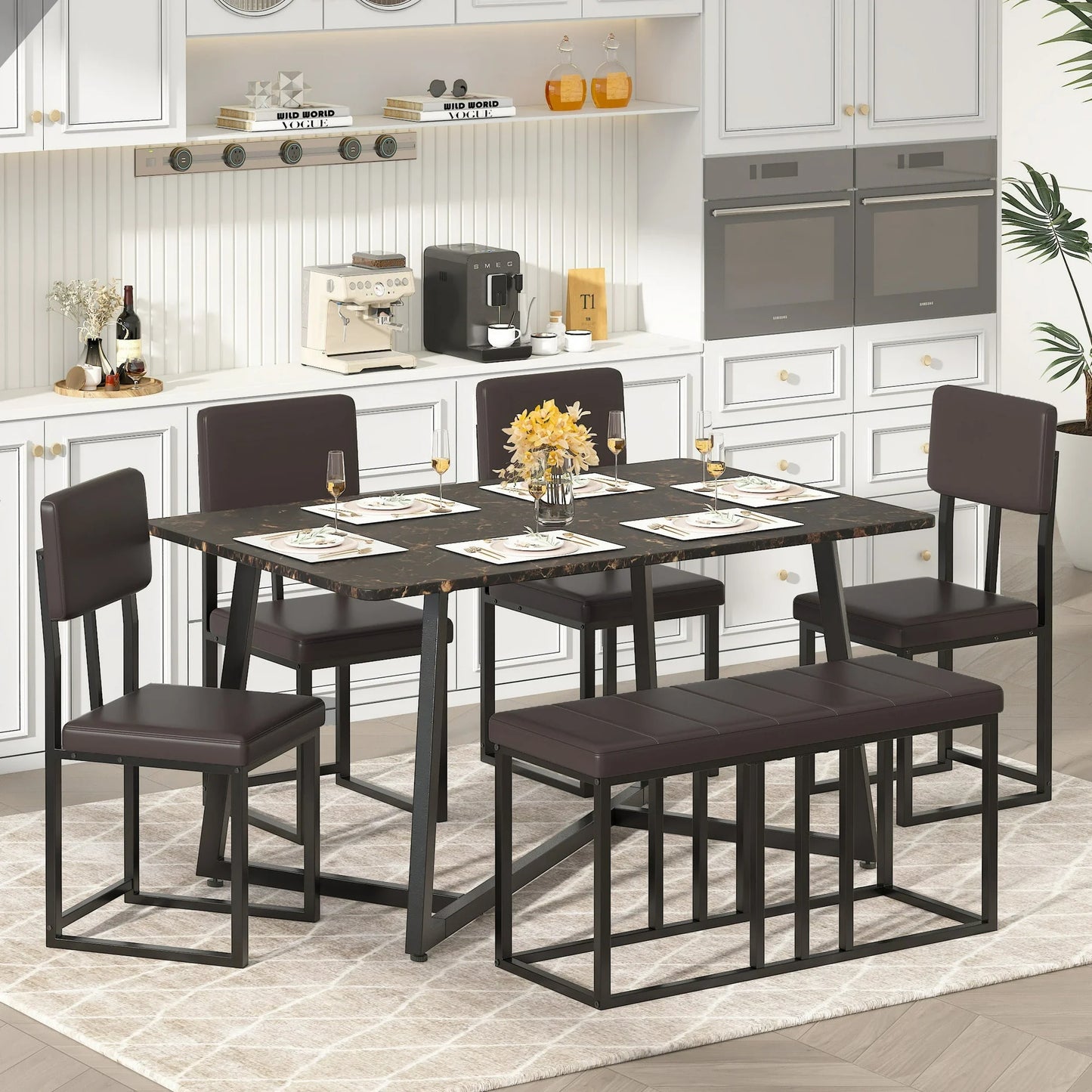 UHOMEPRO Dining Table Set for 6, Dinning Table and Chairs 4to6 Set with 4 Velvet Upholstered Chairs and 1 Bench, Modern Kitchen Table Set for Bar Living Room Breakfast Nook Small Space, White+Gray