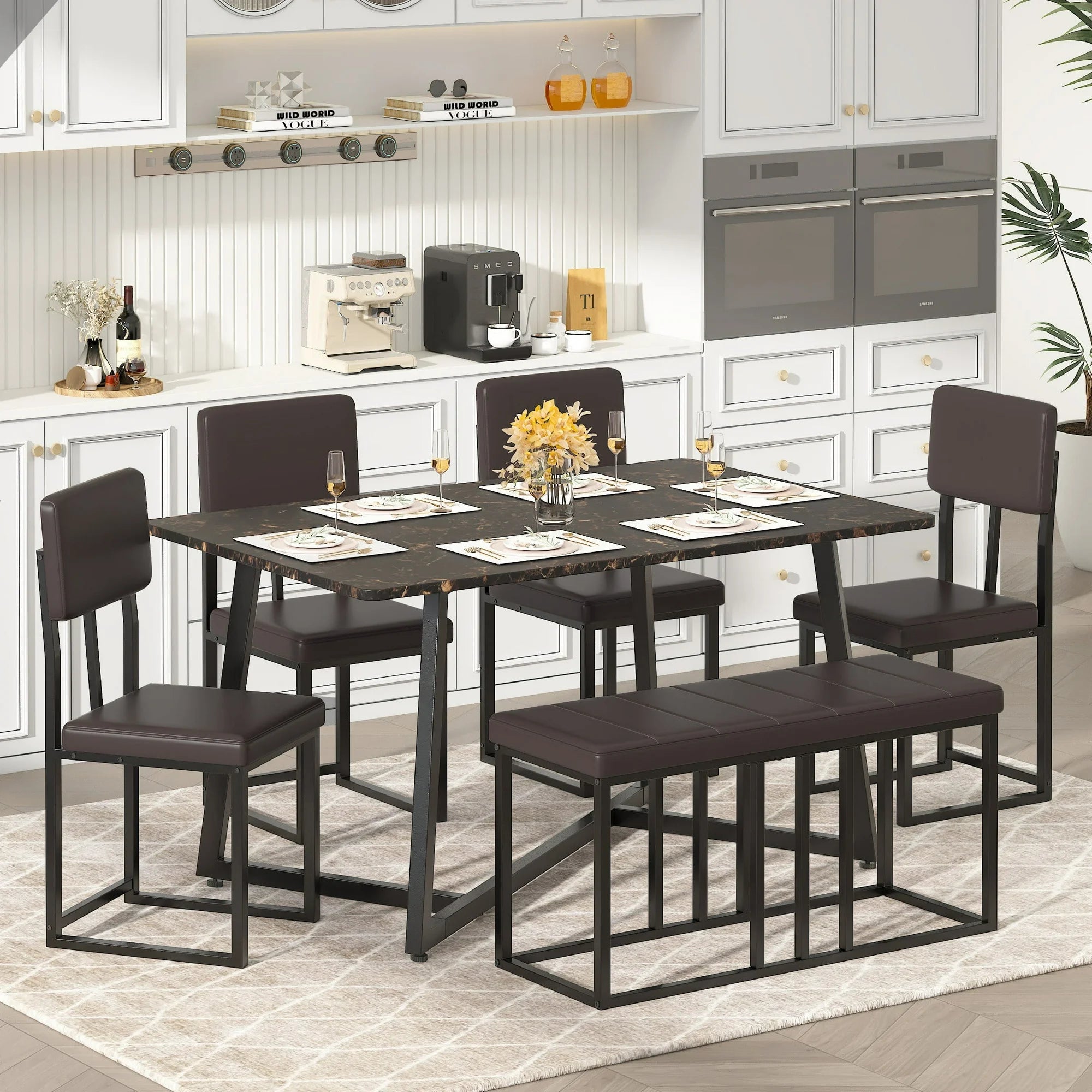 UHOMEPRO Dining Table Set for 6, Dinning Table and Chairs 4to6 Set with 4 Velvet Upholstered Chairs and 1 Bench, Modern Kitchen Table Set for Bar Living Room Breakfast Nook Small Space, White+Gray