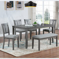UHOMEPRO 6 Piece Dining Table Set with Bench and Chairs, Dining Table Set for 6, Rectangular Wooden Dining Table with 4 Upholstered Chairs and Bench, Dining Room Set for Kitchen, Gray A
