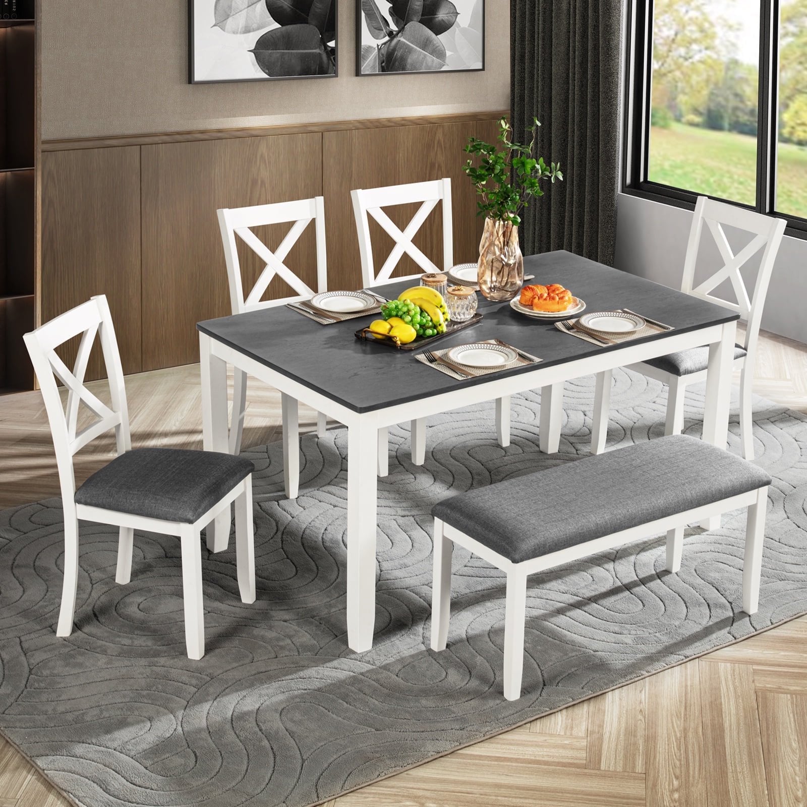 UHOMEPRO 6 Piece Dining Table Set with Bench and Chairs, Dining Table Set for 6, Rectangular Wooden Dining Table with 4 Upholstered Chairs and Bench, Dining Room Set for Kitchen, Walnut+Gray B