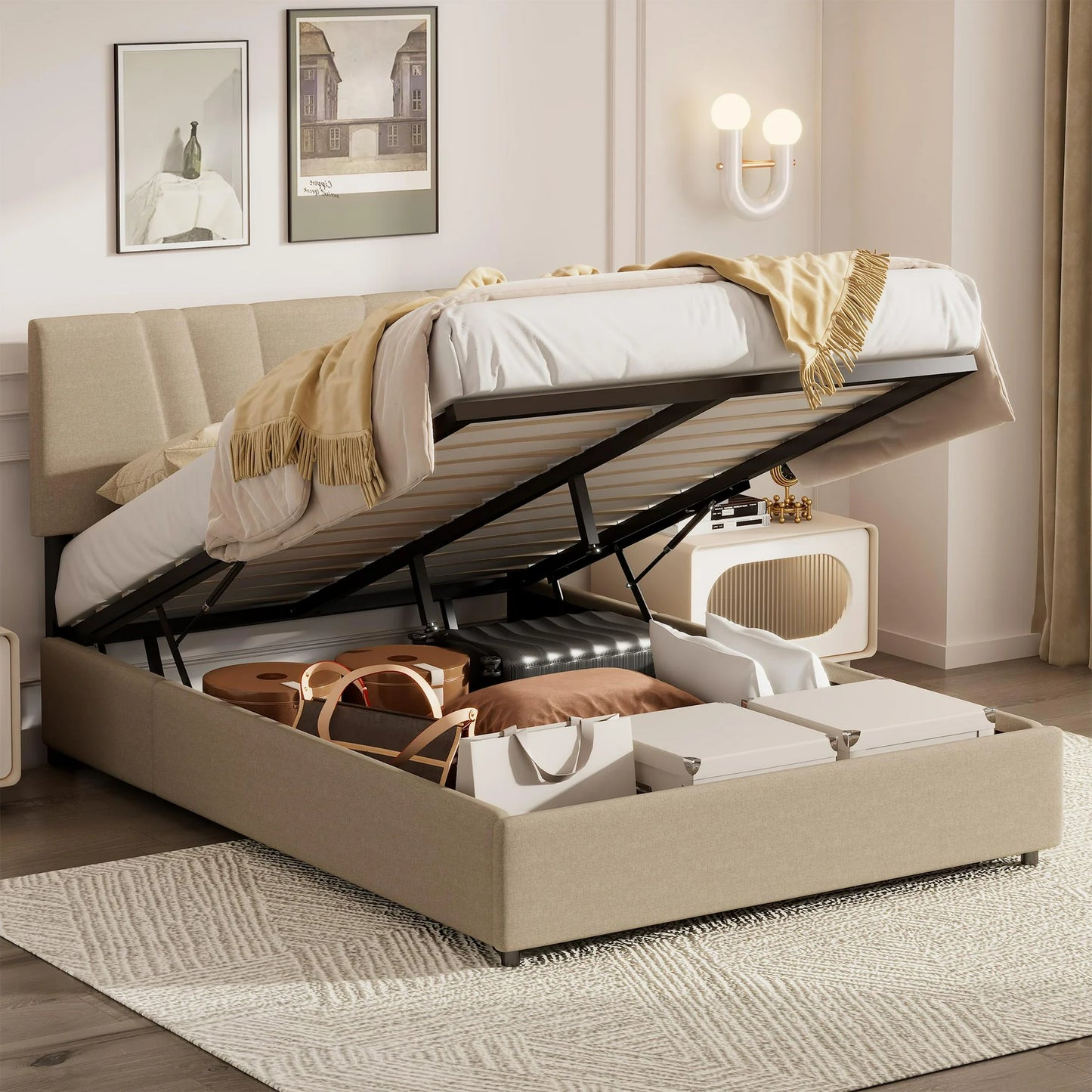 UHOMEPRO Queen Platform Bed Frame with Lifting Storage, Queen Bed Frame with Headboard and Solid Wood Legs, No Box Spring Needed, Easy Assembly,Beige