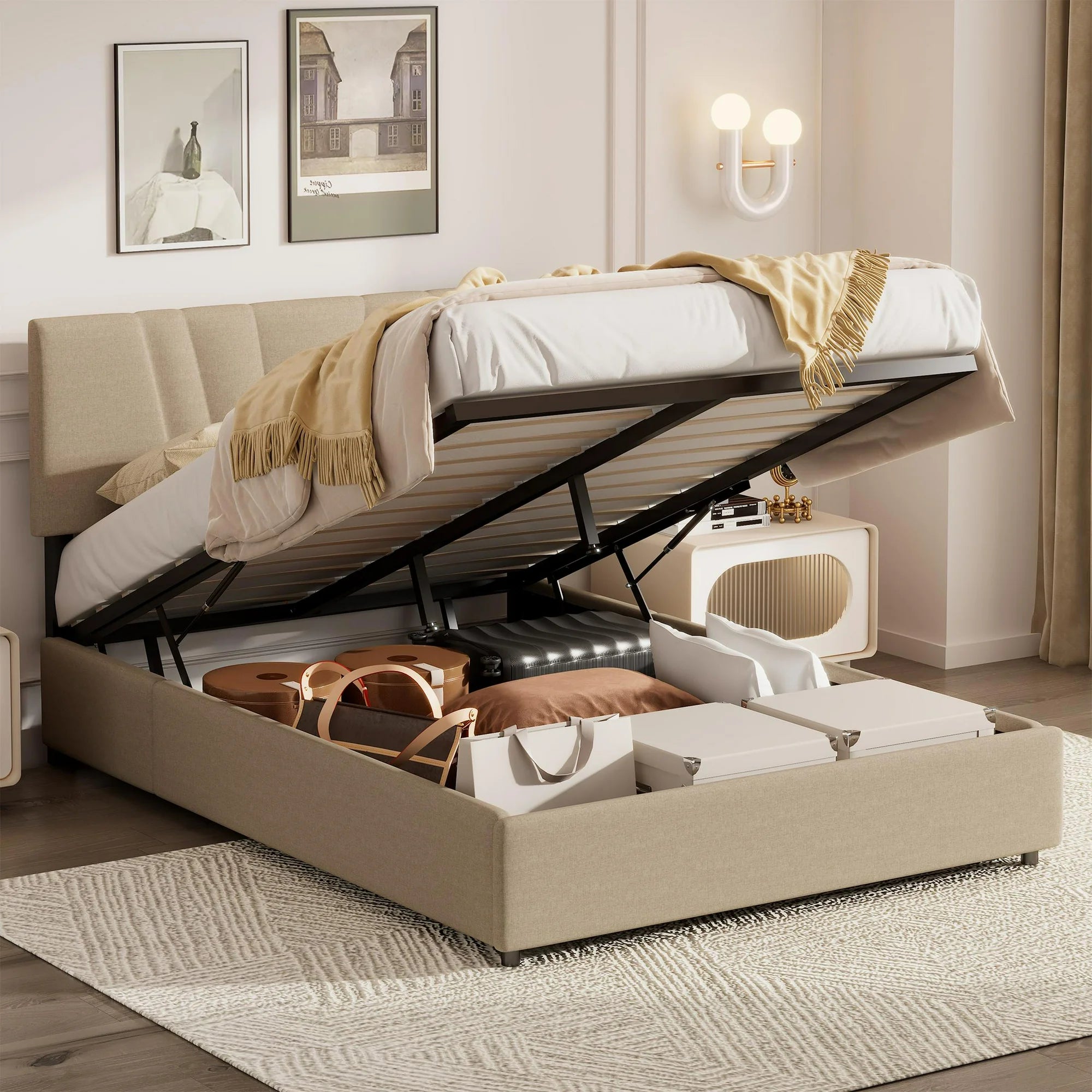 UHOMEPRO Queen Platform Bed Frame with Lifting Storage, Queen Bed Frame with Headboard and Solid Wood Legs, No Box Spring Needed, Easy Assembly,Beige