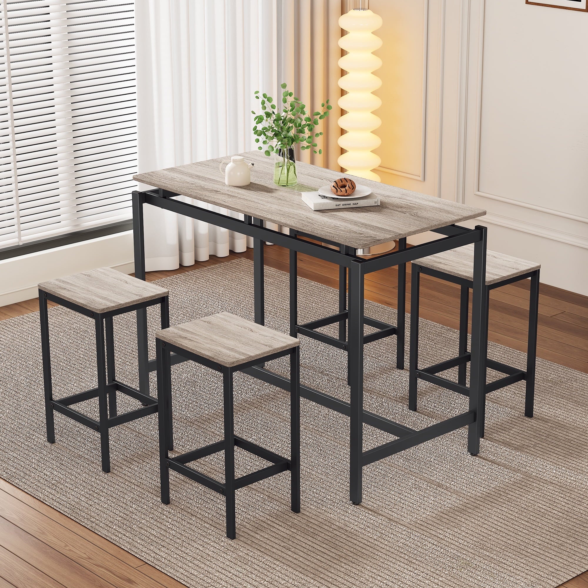 UHOMEPRO Counter Height Table Set of 5, Breakfast Bar Table and Stool Set, Modern 5 Piece Dining Table Set with 4 Stools, Rectangle Pub Table Set for Kitchen Apartment, Space Saving, Dark Brown