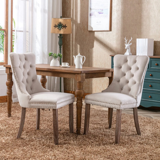 UHOMEPRO Dining Room Chairs Set of 2, Tufted Velvet Upholstered Dining Chair with Nailhead Trim and Solid Wood Legs, Accent Side Chair for Bedroom, Living Room, Beige