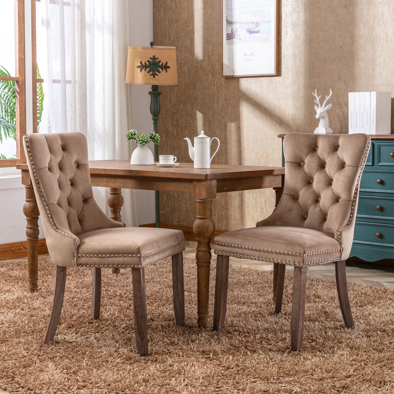 UHOMEPRO Dining Room Chairs Set of 2, Tufted Velvet Upholstered Dining Chair with Nailhead Trim and Solid Wood Legs, Accent Side Chair for Bedroom, Living Room, Beige
