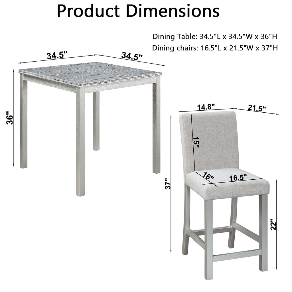 UHOMEPRO Dining Table Set for 4, Counter Height Dining Table and Chair Set, Square Wooden Table with 4 Upholstered Chairs and Crystal Decoration, Kitchen and Dining Room, Gray