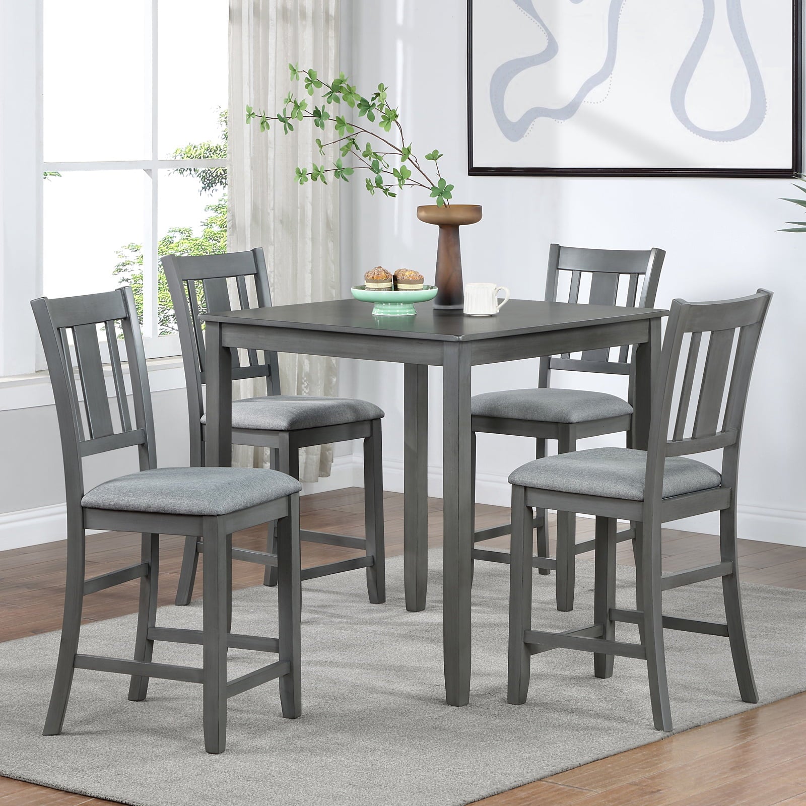 UHOMEPRO Dining Table Set for 4, Modern Counter Height Kitchen Table with 4 Upholstered Chairs, 5 Piece Solid Wood Dining Room Set, Farmhouse Kitchen Dining Table set of 4 for Home, Walnut Style A