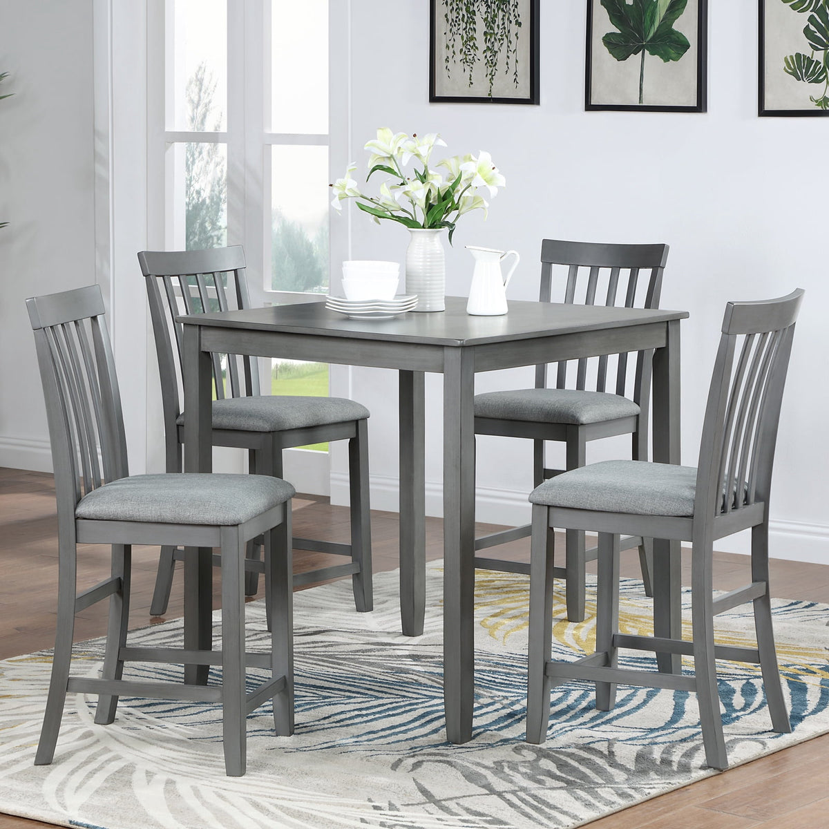 UHOMEPRO Dining Table Set for 4, Modern Counter Height Kitchen Table with 4 Upholstered Chairs, 5 Piece Solid Wood Dining Room Set, Farmhouse Kitchen Dining Table set of 4 for Home, Walnut Style A
