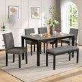UHOMEPRO Dining Table Set for 6, Farmhouse Dining Room Table Set with Bench and Upholstered Chairs, 6 Piece Solid Wood Kitchen Table Sets with Chairs, Rustic Kitchen Furniture Set for 6, Black+Gray