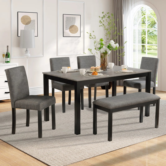 UHOMEPRO Dining Table Set for 6, Farmhouse Dining Room Table Set with Bench and Upholstered Chairs, 6 Piece Solid Wood Kitchen Table Sets with Chairs, Rustic Kitchen Furniture Set for 6, Black+Gray