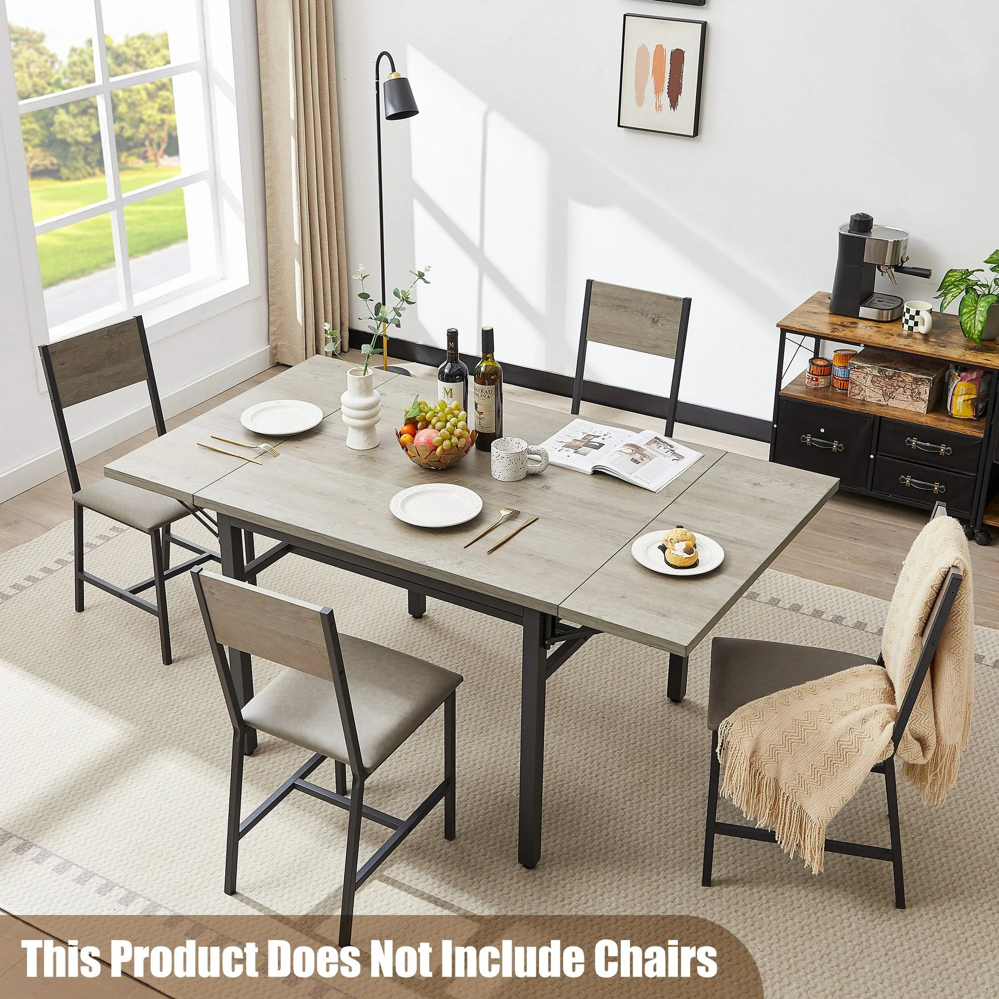 UHOMEPRO Extendable Dining Table with Storage Shelf for 4-6 Person, Wood Kitchen Table with Adjustable Feet and Thickened Iron Frame, Rectangular Dining Table for Kitchen Dining Living Room, Gray