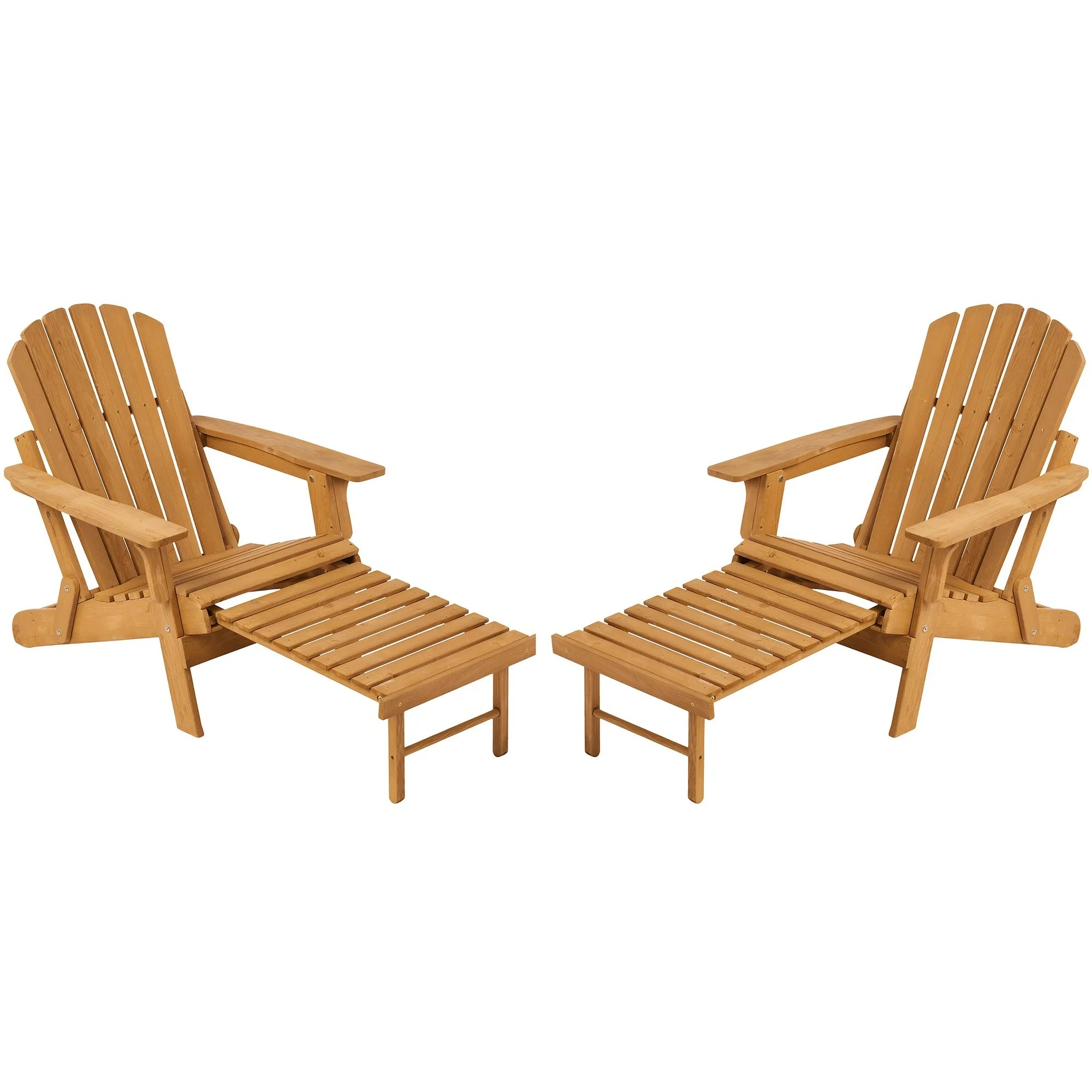 UHOMEPRO Folding Adirondack Chair Set of 2 with Retractable Ottoman, Outdoor All Weather Fire Pit Chairs for Garden Backyard Porch Pool, Wooden Accent Lounge Furniture w/ 350lb Capacity, Light Brown