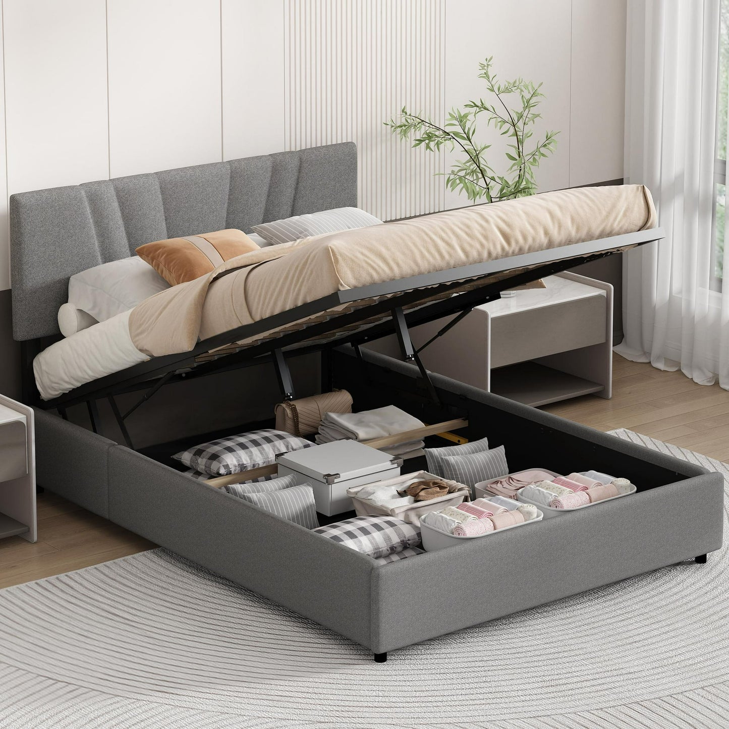 UHOMEPRO Queen Platform Bed Frame with Lifting Storage, Queen Bed Frame with Headboard and Solid Wood Legs, No Box Spring Needed, Easy Assembly,Beige