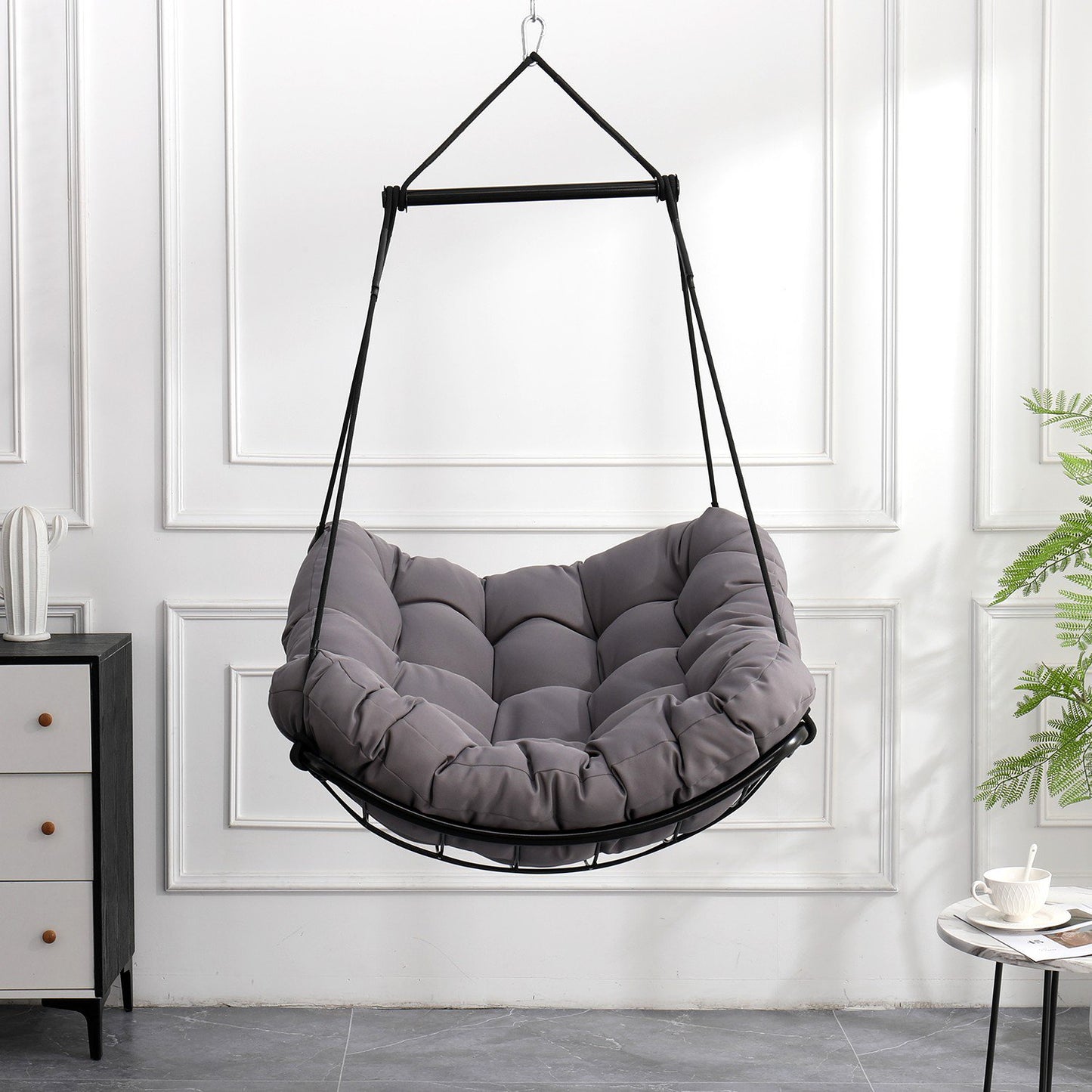 UHOMEPRO Hammock Chair Swing, Comfy Hanging Rope Swing Chair with Waterproof Cushion, Cotton Swivel Hammock Chair Swing Seat with Anti-Slip Safety Rings for Yard Bedroom Patio Porch Outdoor, Gray