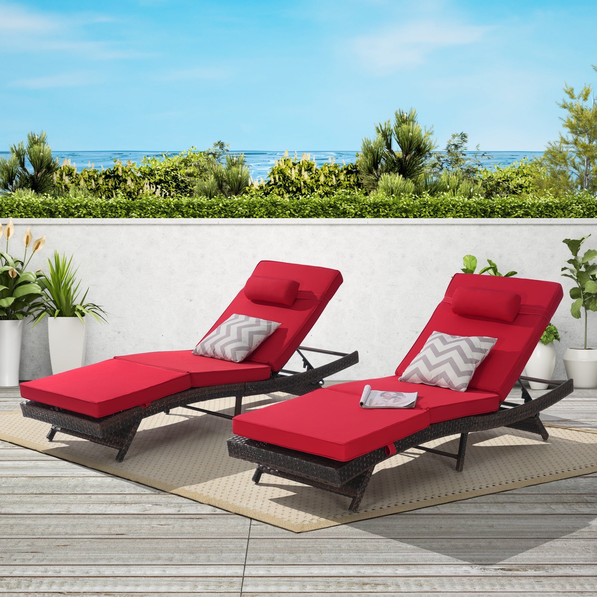 UHOMEPRO Outdoor Chaise Lounge Set of 2, All-Weather Wicker Long Reclining Chair, Patio Lounger Recliner for Poolside, Patio, Backyard, Max Weight 600 lbs | Waterproof | Easy to Assemble, Blue