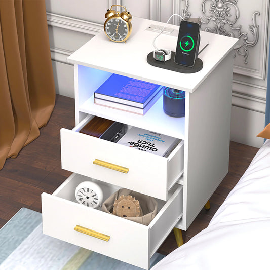 UHOMEPRO White Nightstand with Charging Station, Bedside Table with LED Lights Strips, Modern End Side Table, Versatile Nightstand with Drawers, Side Table for Home and Office