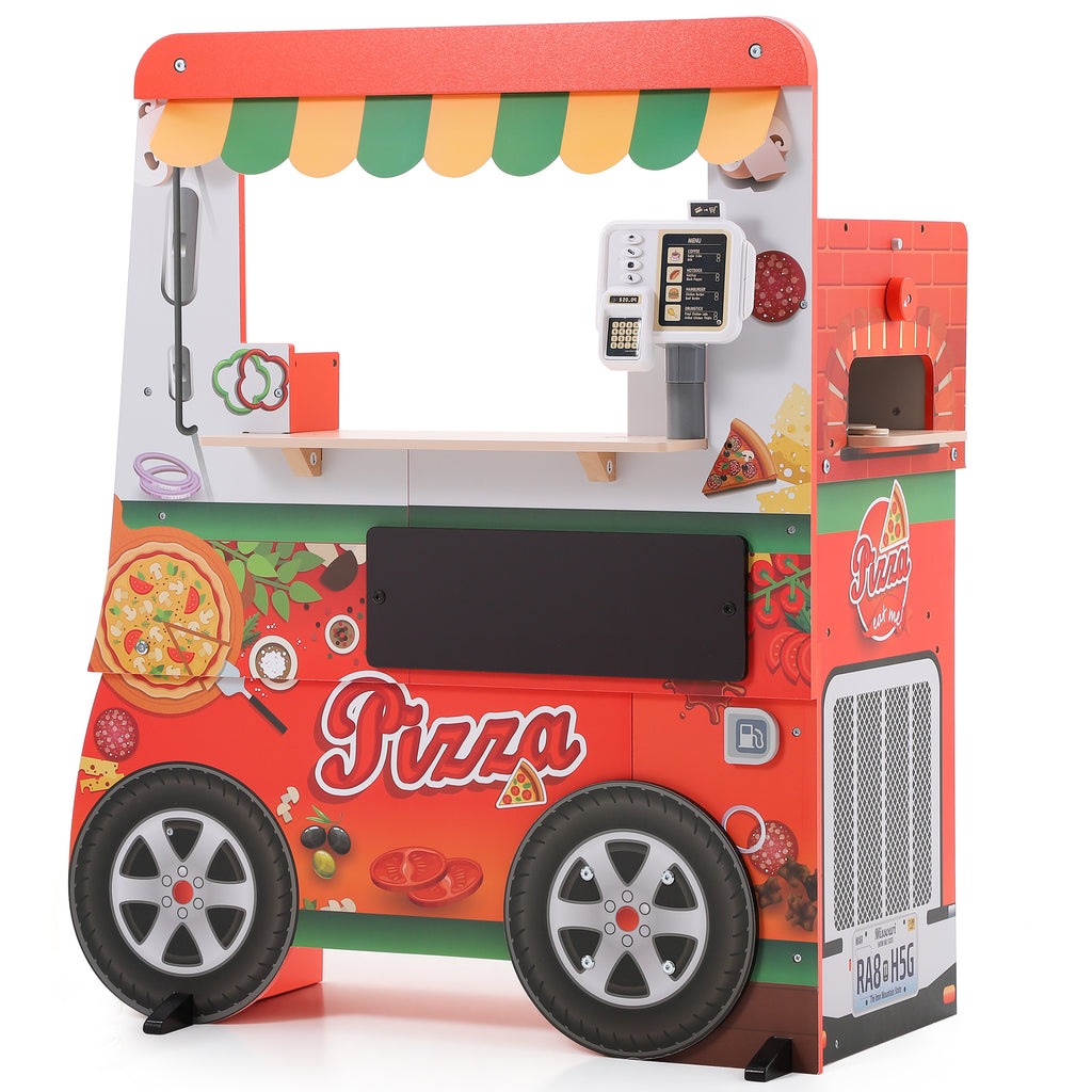 Wooden Pizza Food Truck Toy for Kids, 3 in 1 Pretend Play Kitchen with Ice Cream Cart & Grill, Kids Pizza Cart with Play Food & Menu Board, Montessori Role Wooden Pizza Shop Playset for Ages 3+, Red