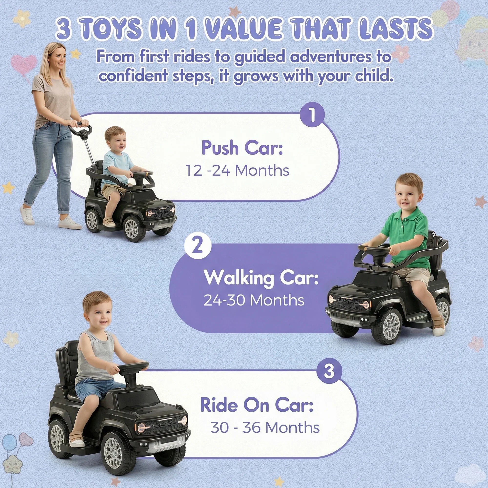 3 in 1 Push Car for Toddlers 1–3, Licensed Ford Bronco Ride On Car with Parent Steering Handle, Steering Wheel, Removable Guardrail & Footrest, Music, Horn, Under Seat Storage, Silent Wheels, Black