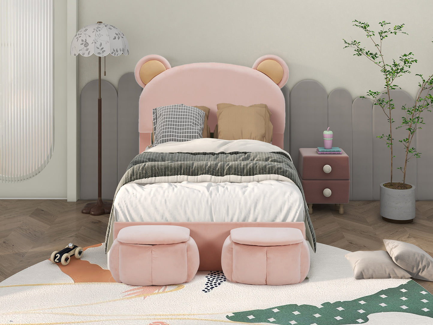 UHOMEPRO Twin Bed Frame with Upholstered Velet Headboard, Modern Bed Frame with Cartoon Bear Ears for Bedroom, No Box Spring Needed
