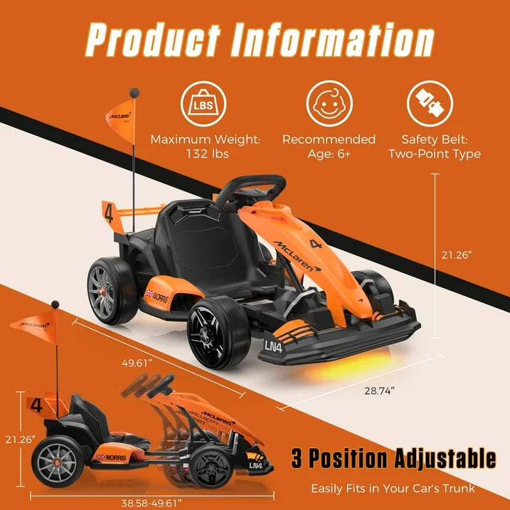 McLaren 36 Kids Electric Go Kart, 36V Powered Drift Racing Ride On Car Toy, 500W Dual Motor, 3-Level Adjustable Seat, Rear-Wheel Drive, 360° Spin Pedal Go Kart for Boys Girls Ages 6+, Orange