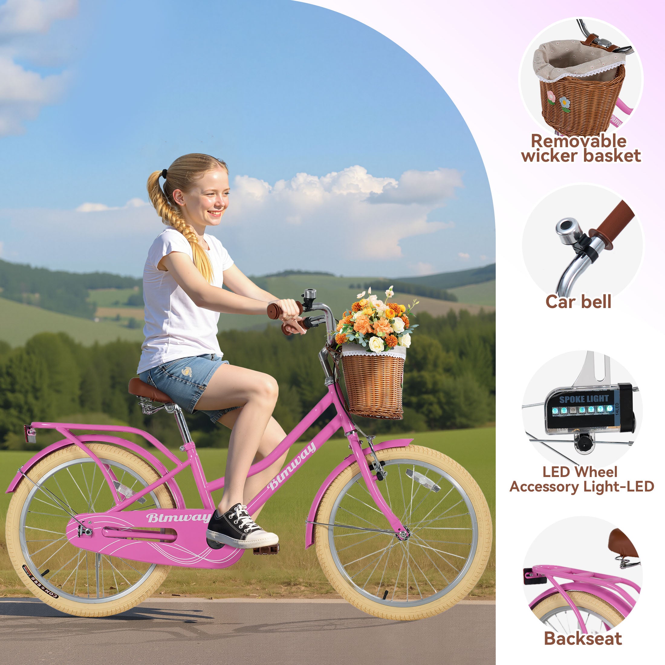Kids Bike for Girls Ages 7-10 Years - 20" Children's Bicycle, leather Seat & Handlebars, Basket, Front Hand Brakes, Rear Coaster Brake & Safety Bell, Purple