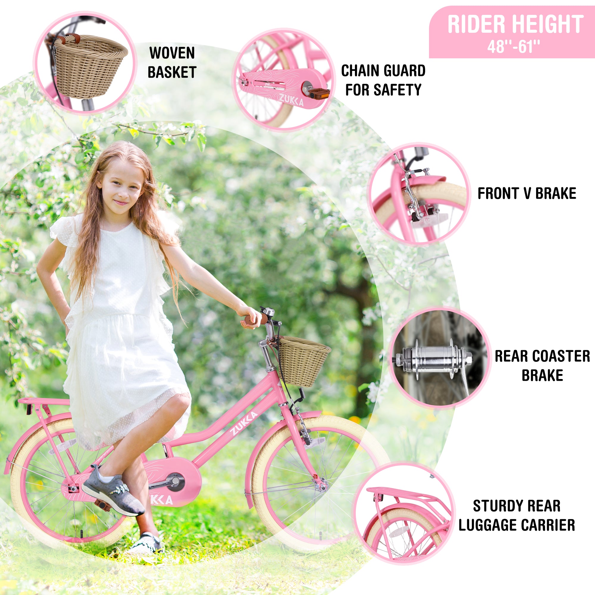 Girls Bike with Basket for Kids 7-10, 20" Kids' Bicycles Leather Saddle & Safety Bell, Pink
