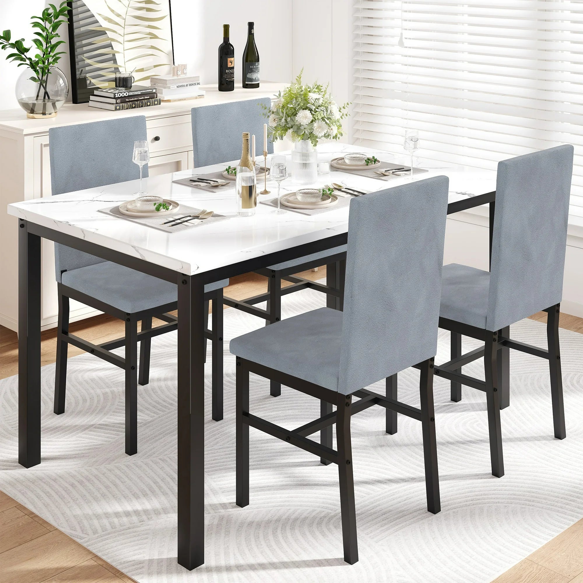 5 Piece Dining Room Table Set, Modern Dining Table Sets with Black PU Leather Chairs for 4, White Faux Marble Pattern Rectangle Kitchen Table Set for Bar Living Room Breakfast Nook Small Space