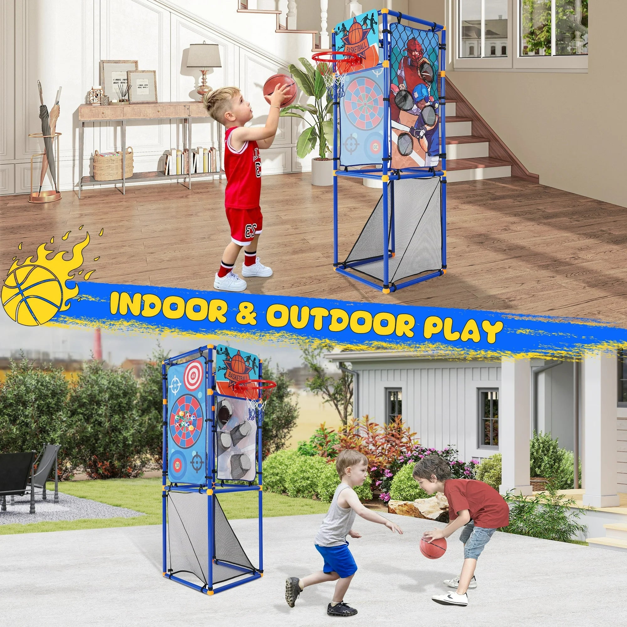 5 in 1 Multi Sport Toss Game Set, Kids Arcade Basketball Game, Indoor Outdoor Basketball Hoop with Play Football, Baseball, Basketball, Soccer, Sticky Ball, Sport Game Toy Gift for Boys and Girls