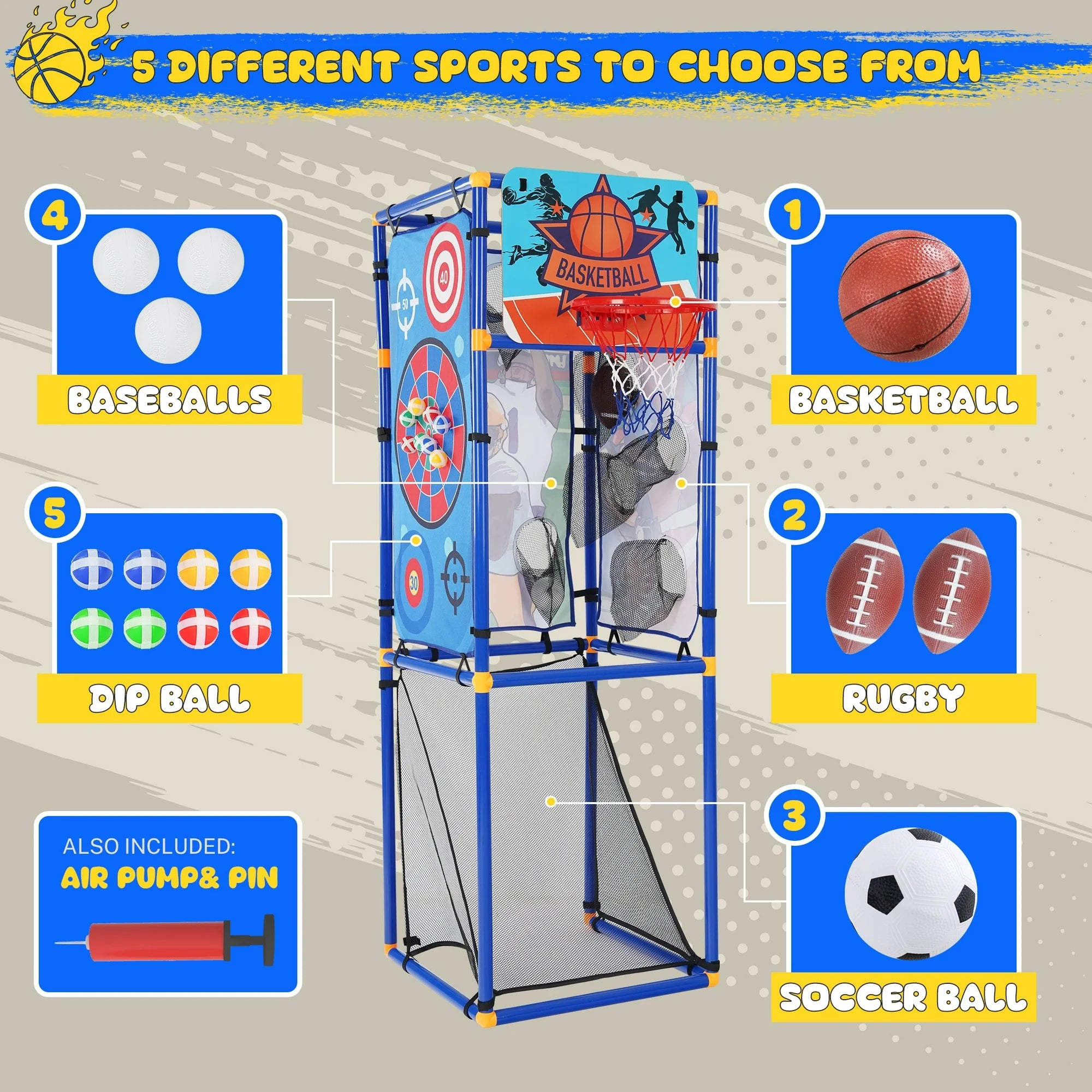 5 in 1 Multi Sport Toss Game Set, Kids Arcade Basketball Game, Indoor Outdoor Basketball Hoop with Play Football, Baseball, Basketball, Soccer, Sticky Ball, Sport Game Toy Gift for Boys and Girls