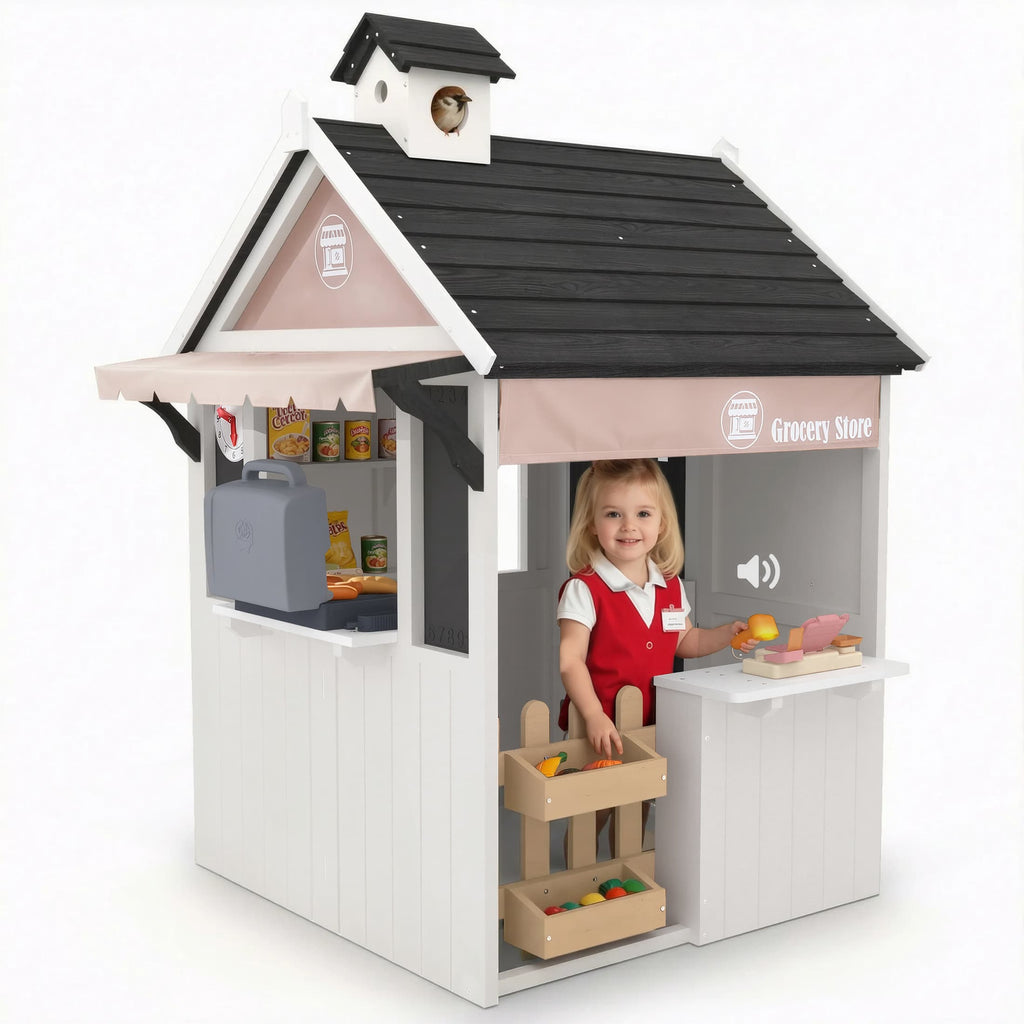 COCLUB Playhouses for Kids Outside, Grocery Store Pretend Play w/ Toy Cash Register and Pretend Food, Wood Casitas Para NiñAs w/Easy Bake Oven, Cooking Toys, Mailbox, Backyard Play House White