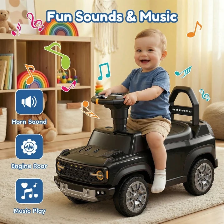 Push Car for Toddlers 1–3, Ford Bronco Ride On Toy with Steering Wheel, Music, Horn & Engine Sounds, LED Lights, Under Seat Storage, Silent Wheels, Easy Push Ride On Car for Boys & Girls, Black