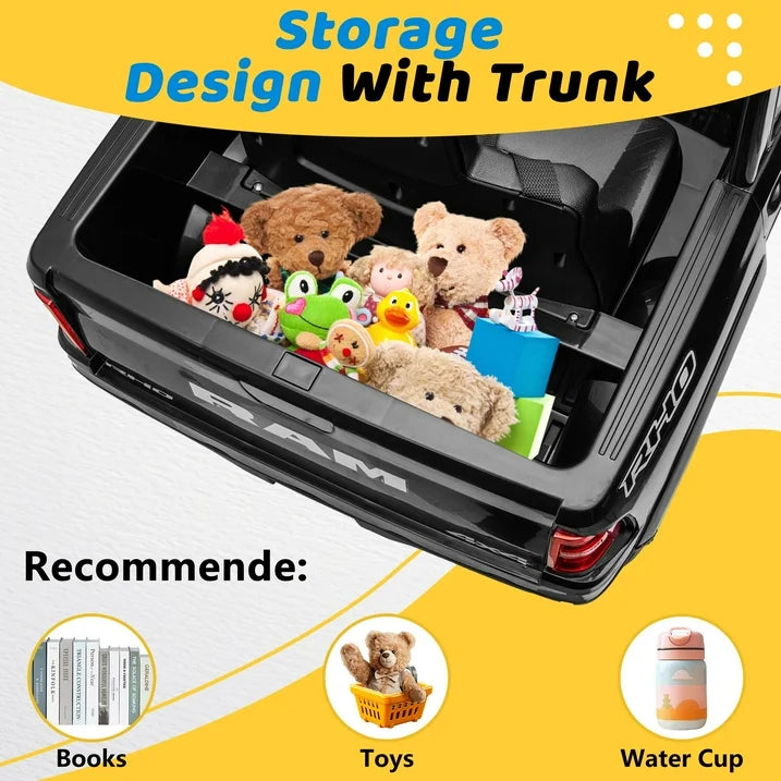RAM 1500 Ride on Truck Cars, 12V Powered Ride on Toys with Remote Control, 4 Wheel Suspension Electric Cars for 3-5 Yrs Boy Girl W/Key Switch, 5 Point Safety Belt, Music, Bluetooth, LED Lights, Black